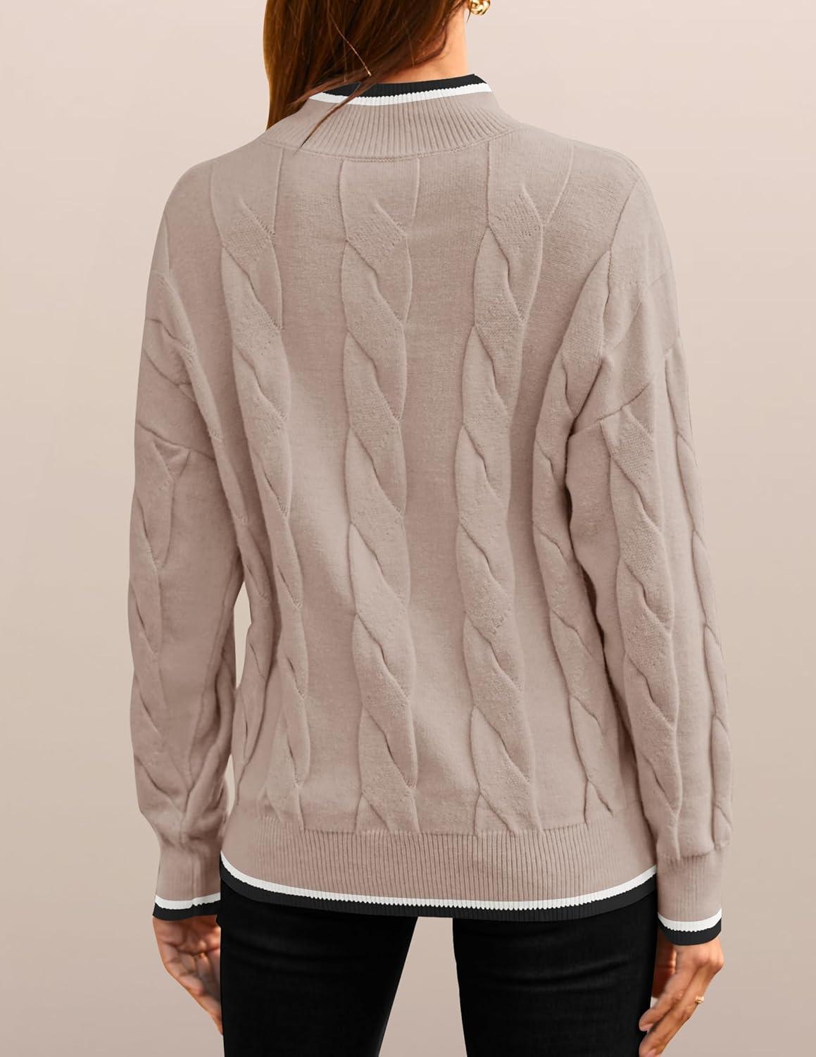 imageZESICA Womens Casual Long Sleeve Mock Neck Cable Knit Contrast Color Fall 2026 Winter Chunky Pullover SweaterAlmond