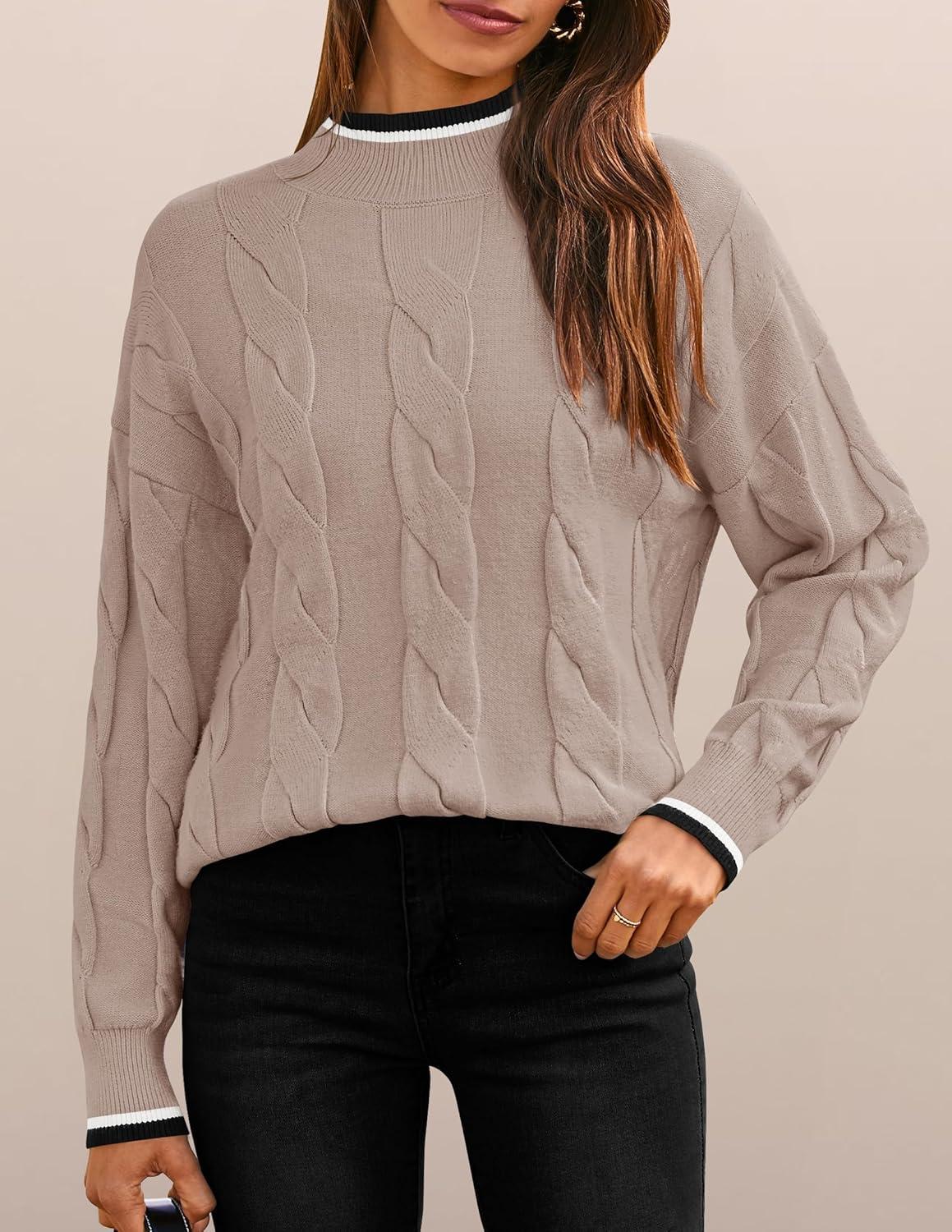 imageZESICA Womens Casual Long Sleeve Mock Neck Cable Knit Contrast Color Fall 2026 Winter Chunky Pullover SweaterAlmond