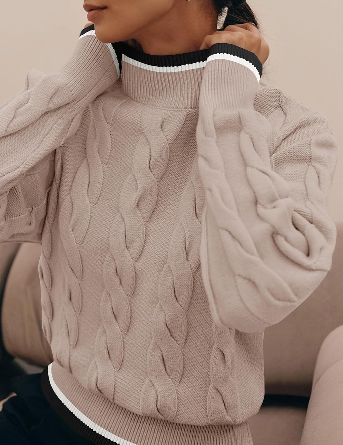 imageZESICA Womens Casual Long Sleeve Mock Neck Cable Knit Contrast Color Fall 2026 Winter Chunky Pullover SweaterAlmond