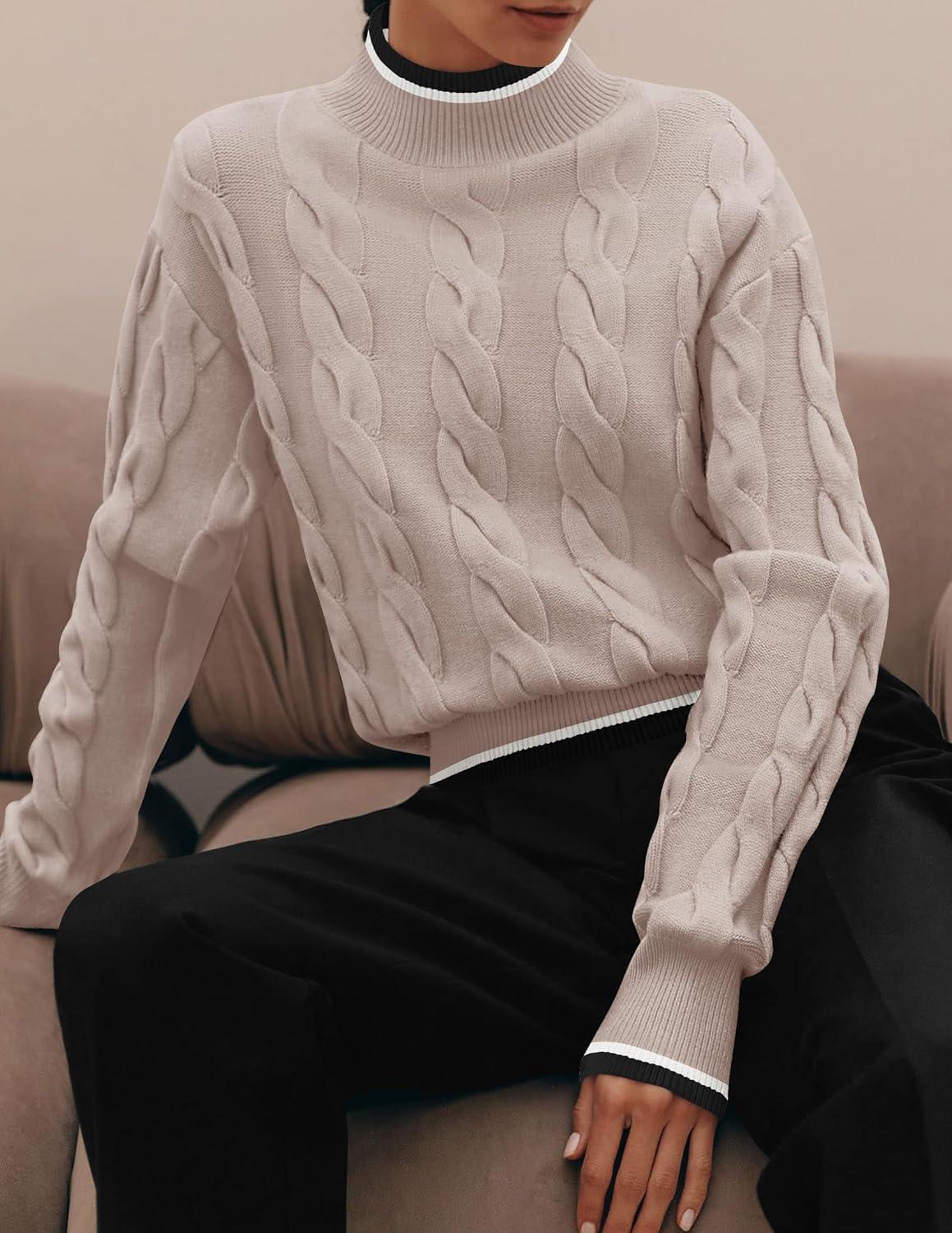 imageZESICA Womens Casual Long Sleeve Mock Neck Cable Knit Contrast Color Fall 2026 Winter Chunky Pullover SweaterSand