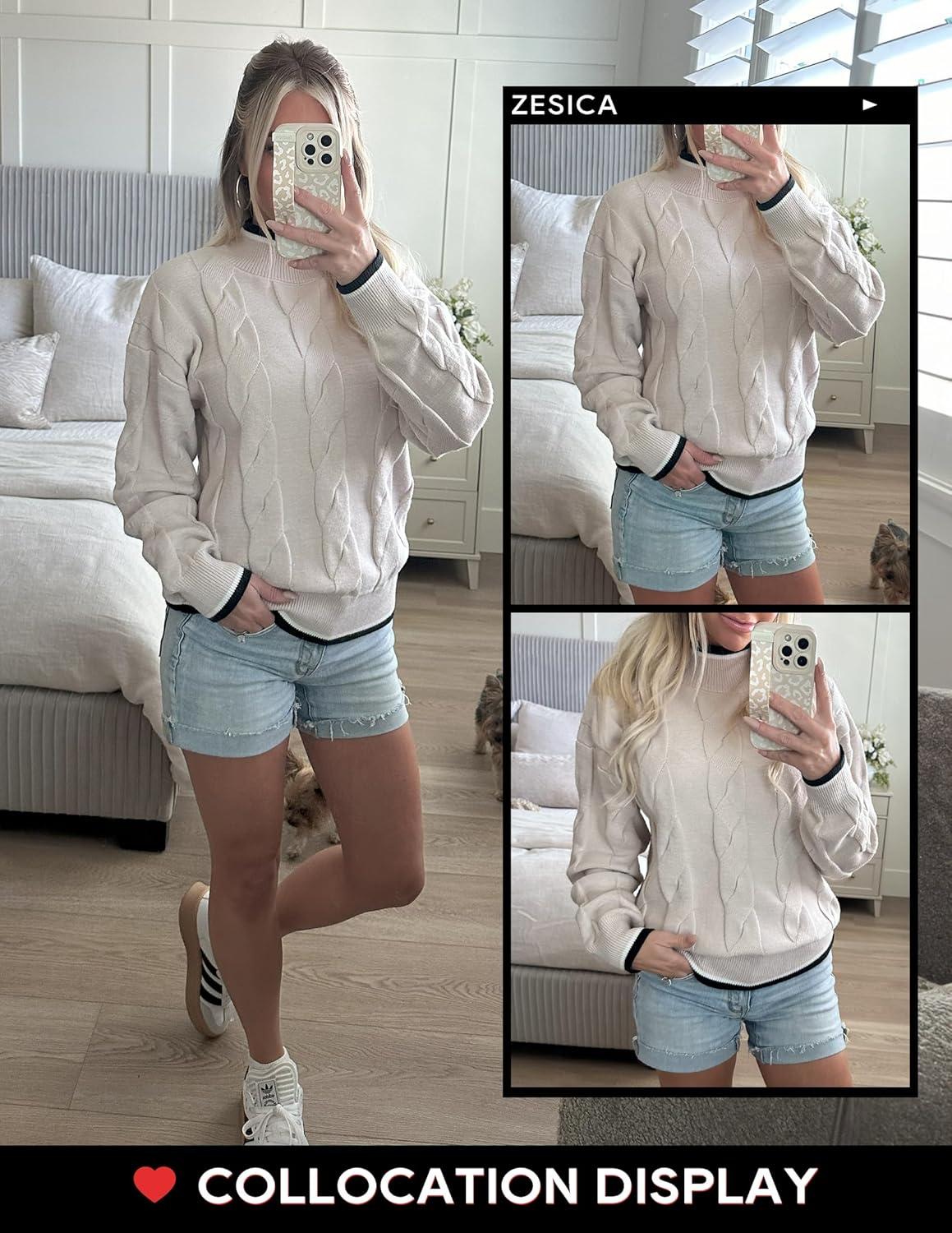 imageZESICA Womens Casual Long Sleeve Mock Neck Cable Knit Contrast Color Fall 2026 Winter Chunky Pullover SweaterSand
