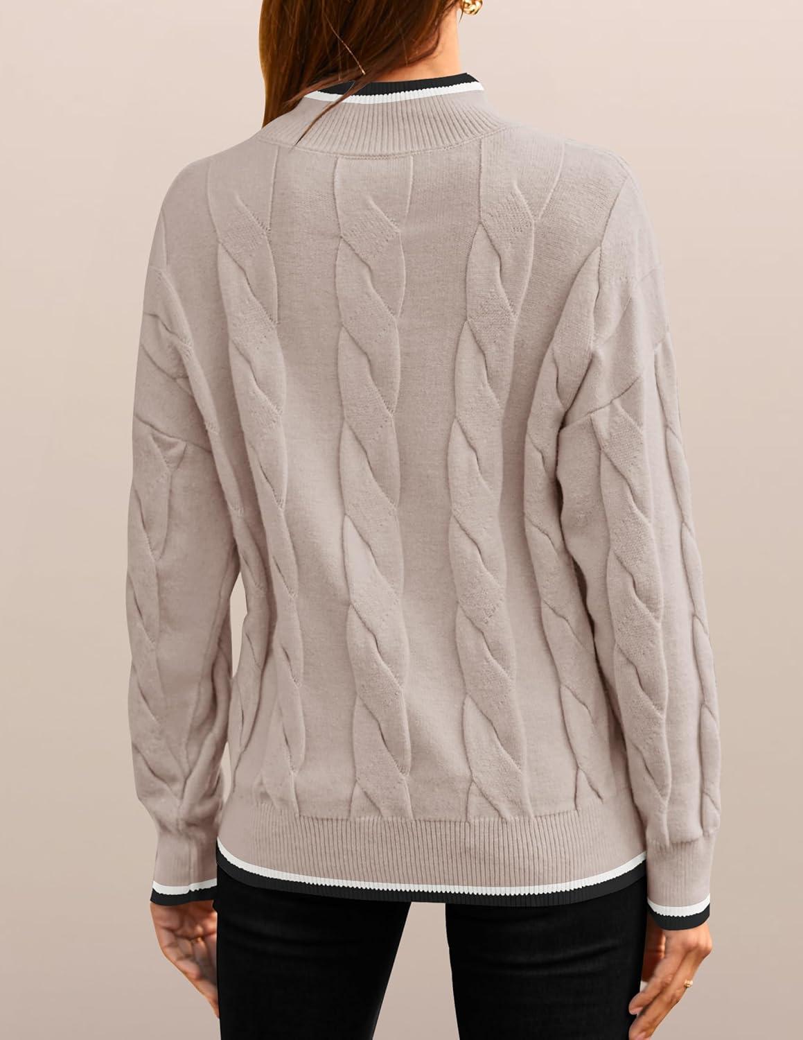 imageZESICA Womens Casual Long Sleeve Mock Neck Cable Knit Contrast Color Fall 2026 Winter Chunky Pullover SweaterSand