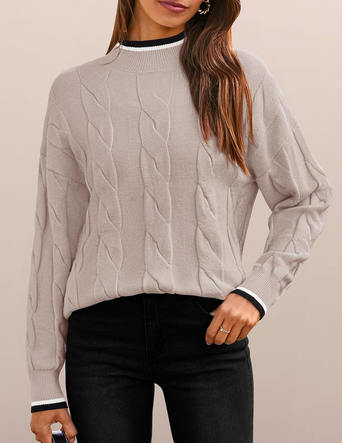 imageZESICA Womens Casual Long Sleeve Mock Neck Cable Knit Contrast Color Fall 2026 Winter Chunky Pullover SweaterSand