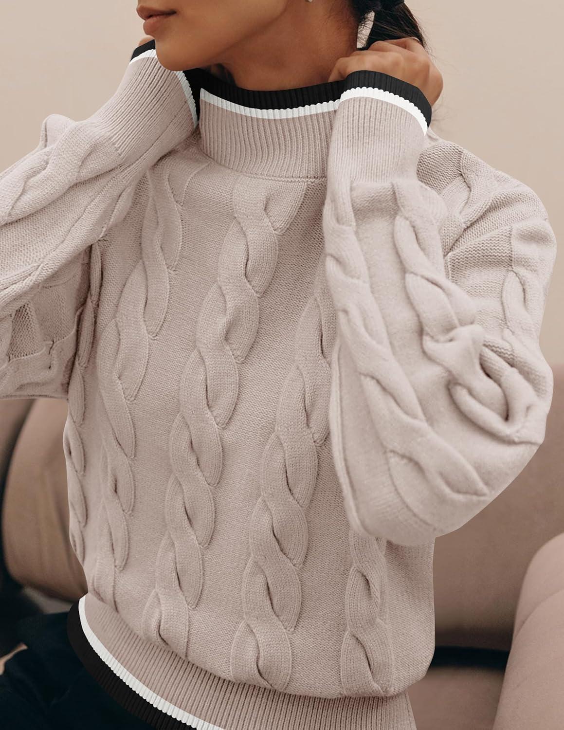 imageZESICA Womens Casual Long Sleeve Mock Neck Cable Knit Contrast Color Fall 2026 Winter Chunky Pullover SweaterSand