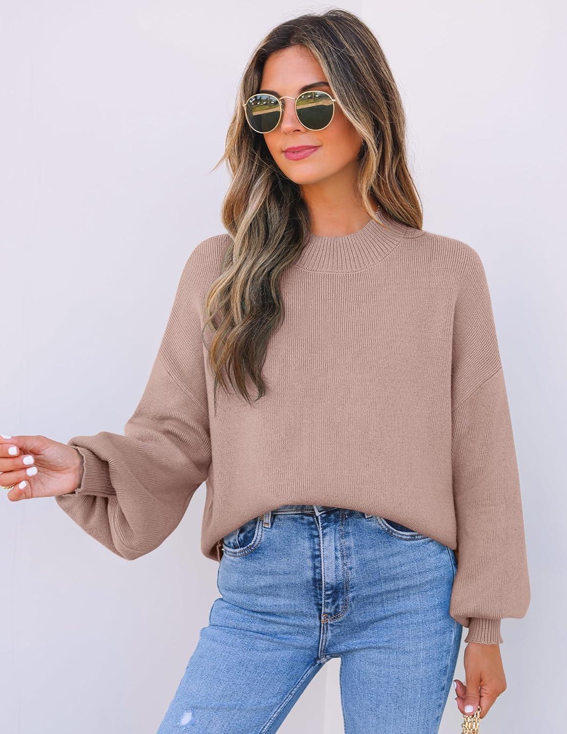 imageZESICA Womens Casual Turtleneck Long Lantern Sleeve Fall 2026 Oversized Ribbed Knit Pullover Sweater Jumper TopAlmond