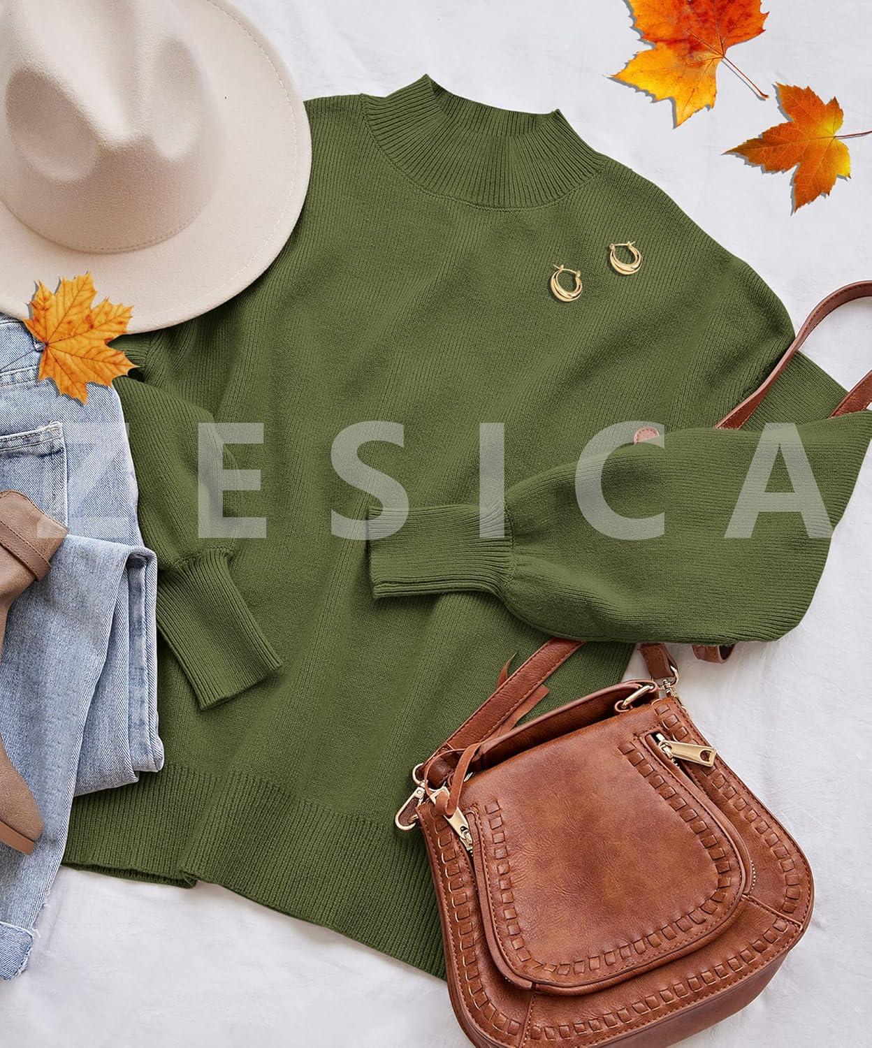 imageZESICA Womens Casual Turtleneck Long Lantern Sleeve Fall 2026 Oversized Ribbed Knit Pullover Sweater Jumper TopArmygreen