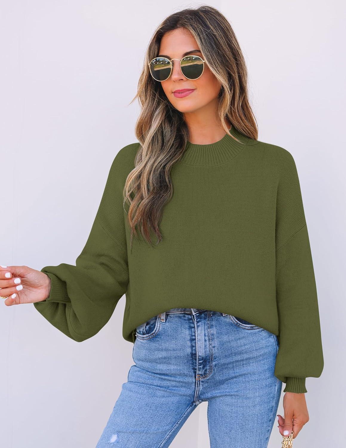 imageZESICA Womens Casual Turtleneck Long Lantern Sleeve Fall 2026 Oversized Ribbed Knit Pullover Sweater Jumper TopArmygreen