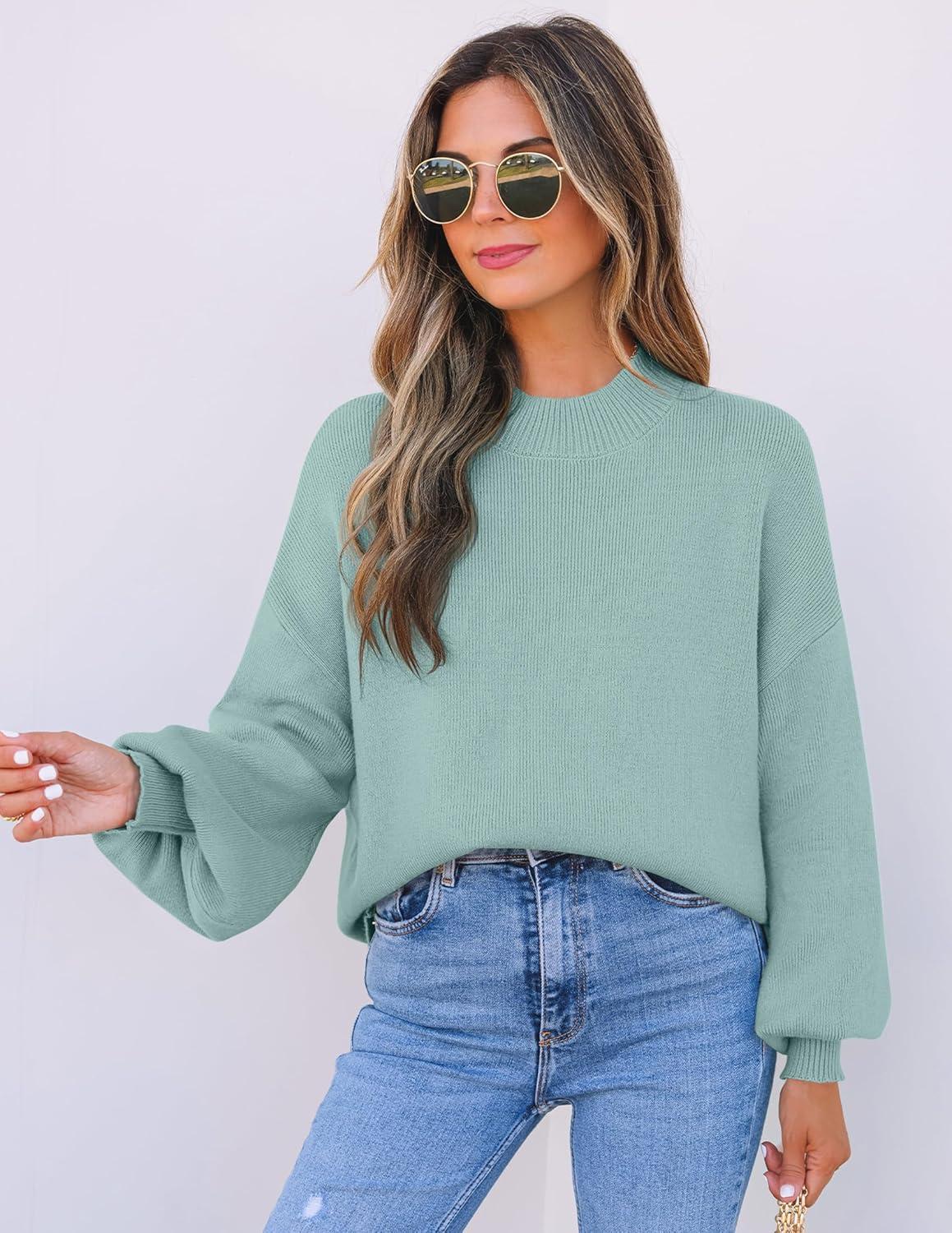 imageZESICA Womens Casual Turtleneck Long Lantern Sleeve Fall 2026 Oversized Ribbed Knit Pullover Sweater Jumper TopLake