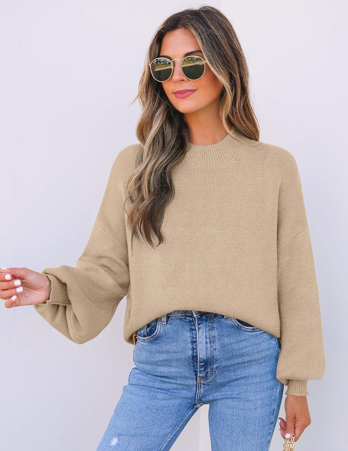 imageZESICA Womens Casual Turtleneck Long Lantern Sleeve Fall 2026 Oversized Ribbed Knit Pullover Sweater Jumper TopOatmeal
