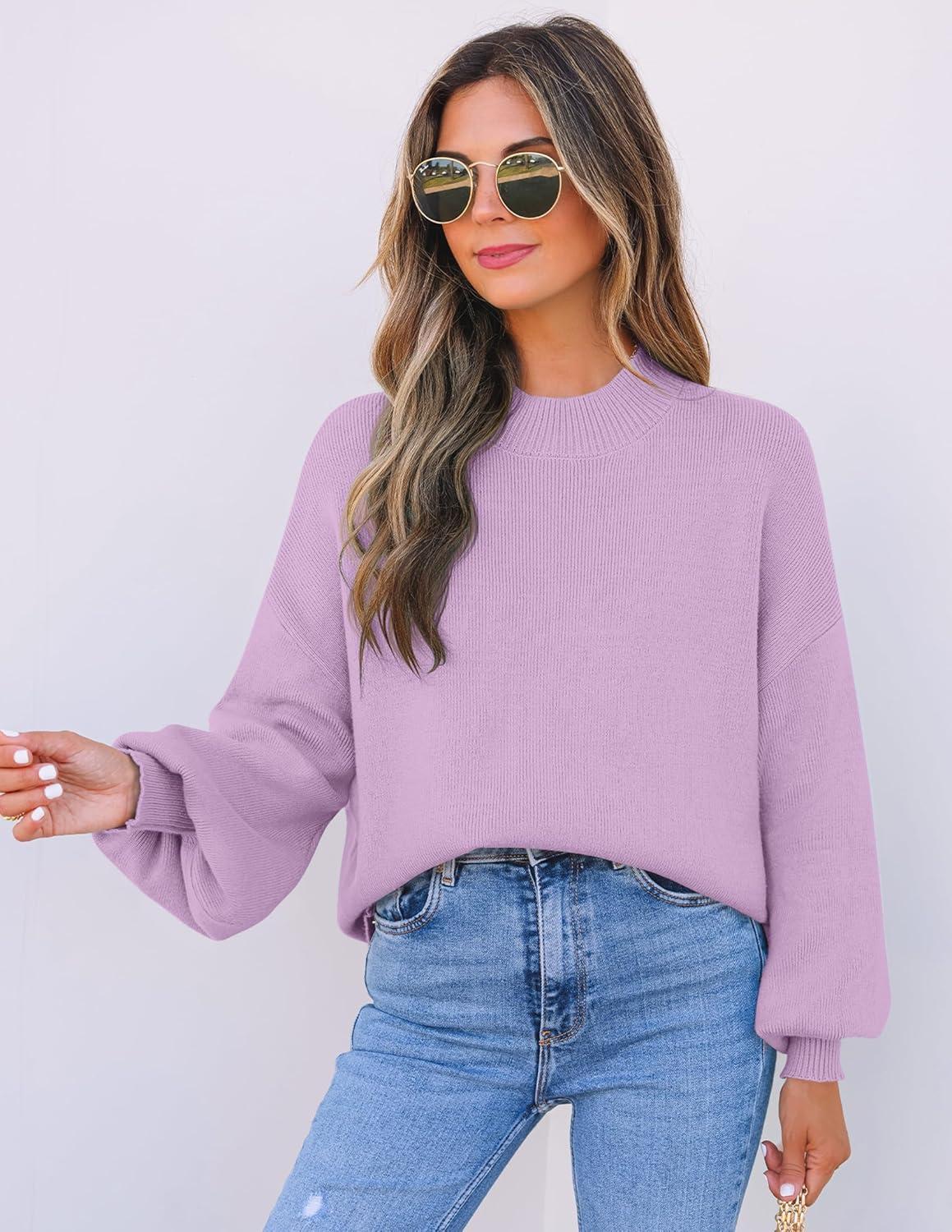 imageZESICA Womens Casual Turtleneck Long Lantern Sleeve Fall 2026 Oversized Ribbed Knit Pullover Sweater Jumper TopPurple
