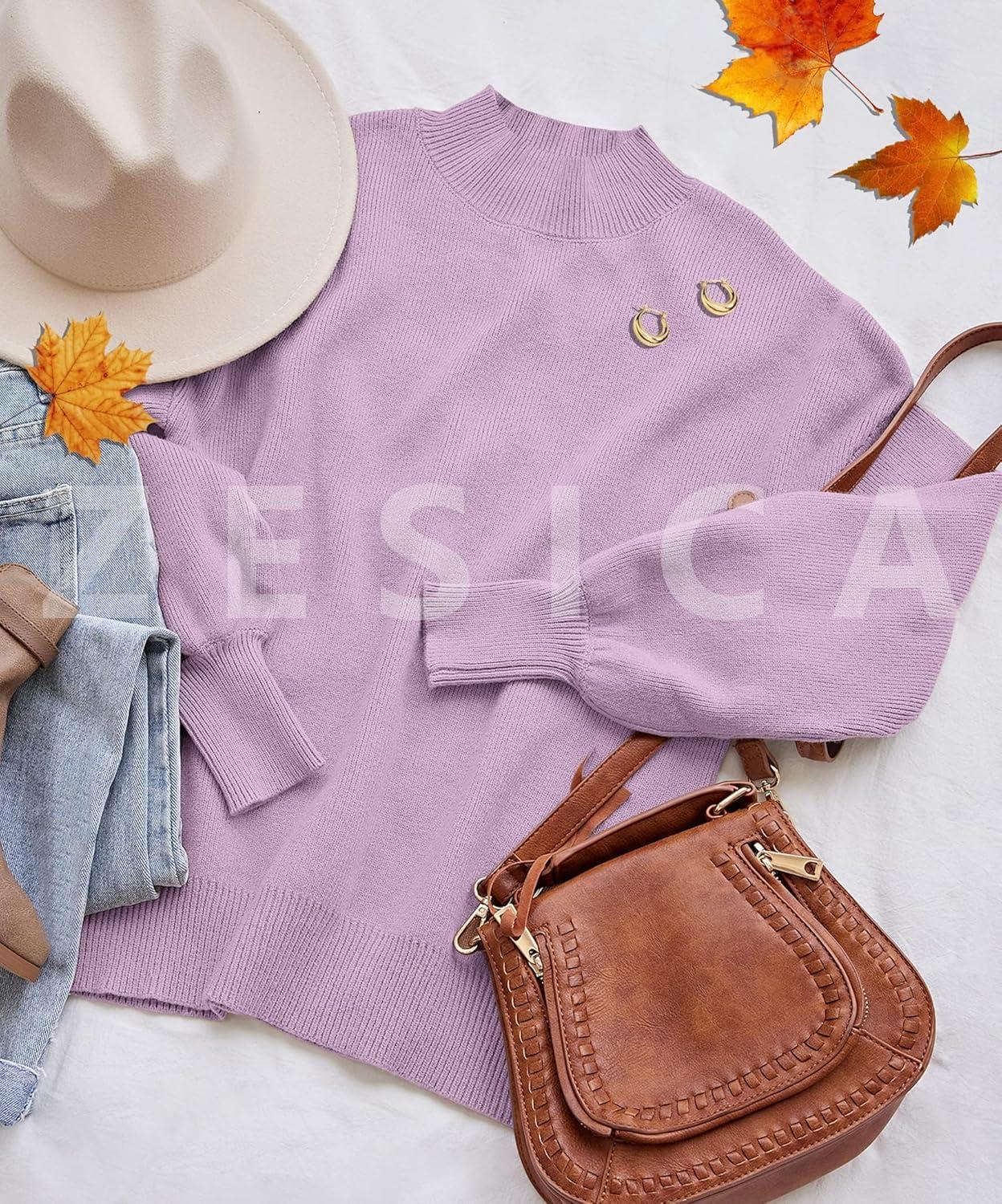 imageZESICA Womens Casual Turtleneck Long Lantern Sleeve Fall 2026 Oversized Ribbed Knit Pullover Sweater Jumper TopPurple