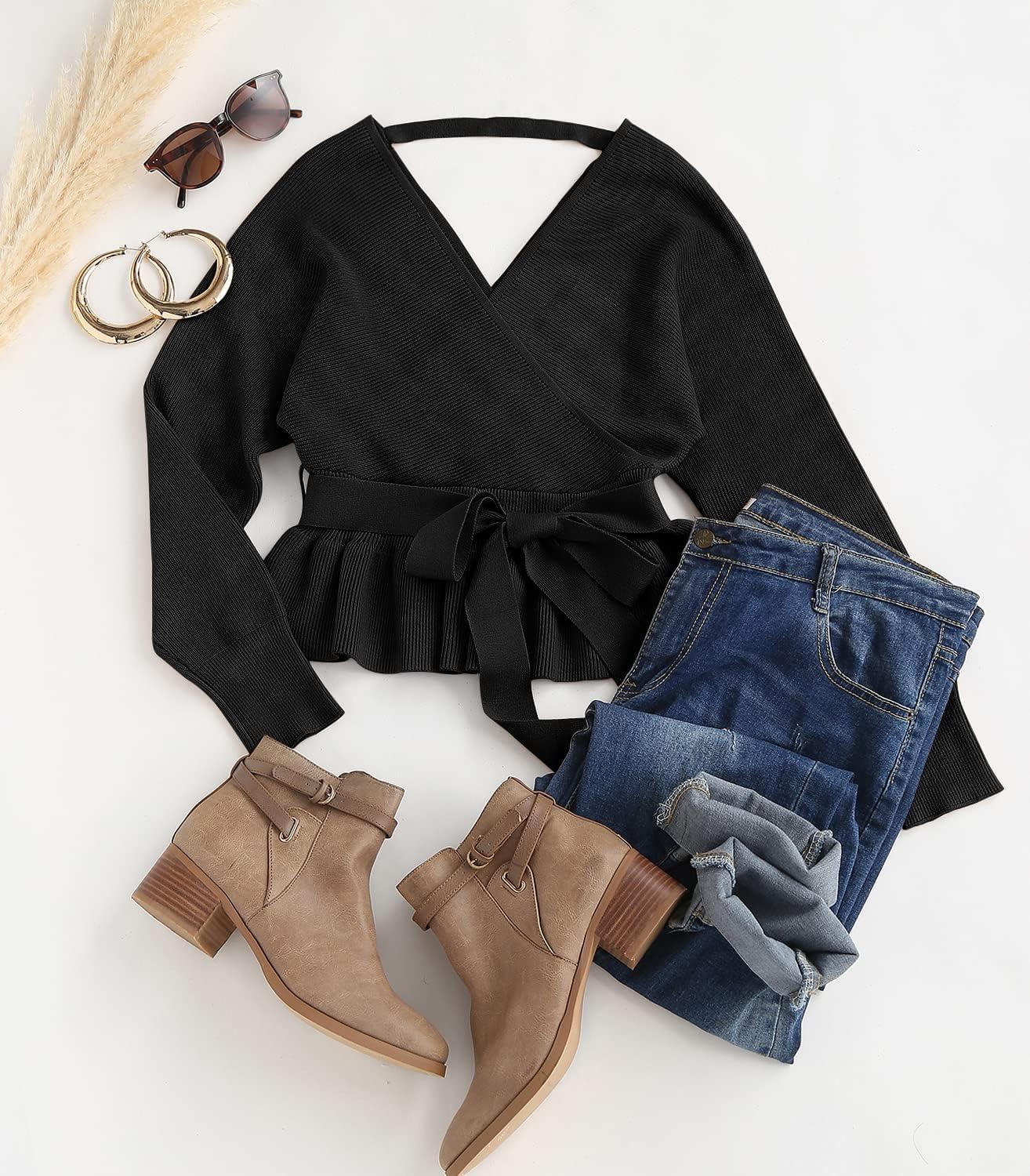 imageZESICA Womens Fall 2026 Wrap V Neck Long Batwing Sleeve Belted Waist Ruffle Knitted Sweater Pullover TopBlack