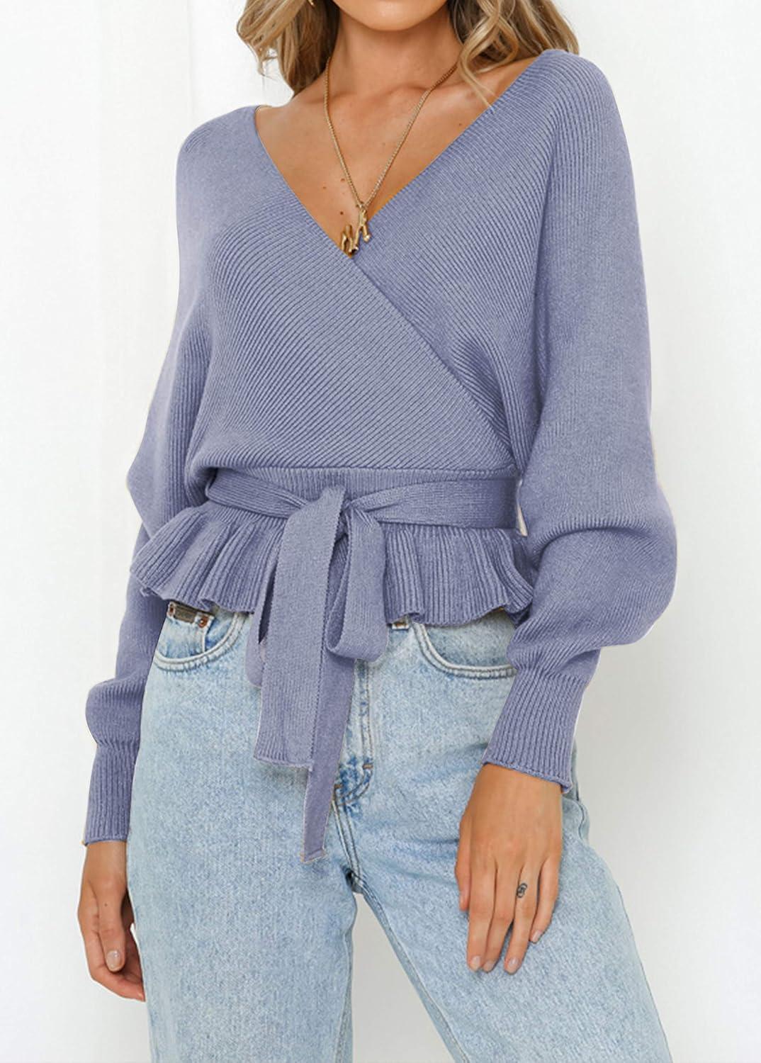 imageZESICA Womens Fall 2026 Wrap V Neck Long Batwing Sleeve Belted Waist Ruffle Knitted Sweater Pullover TopBlue