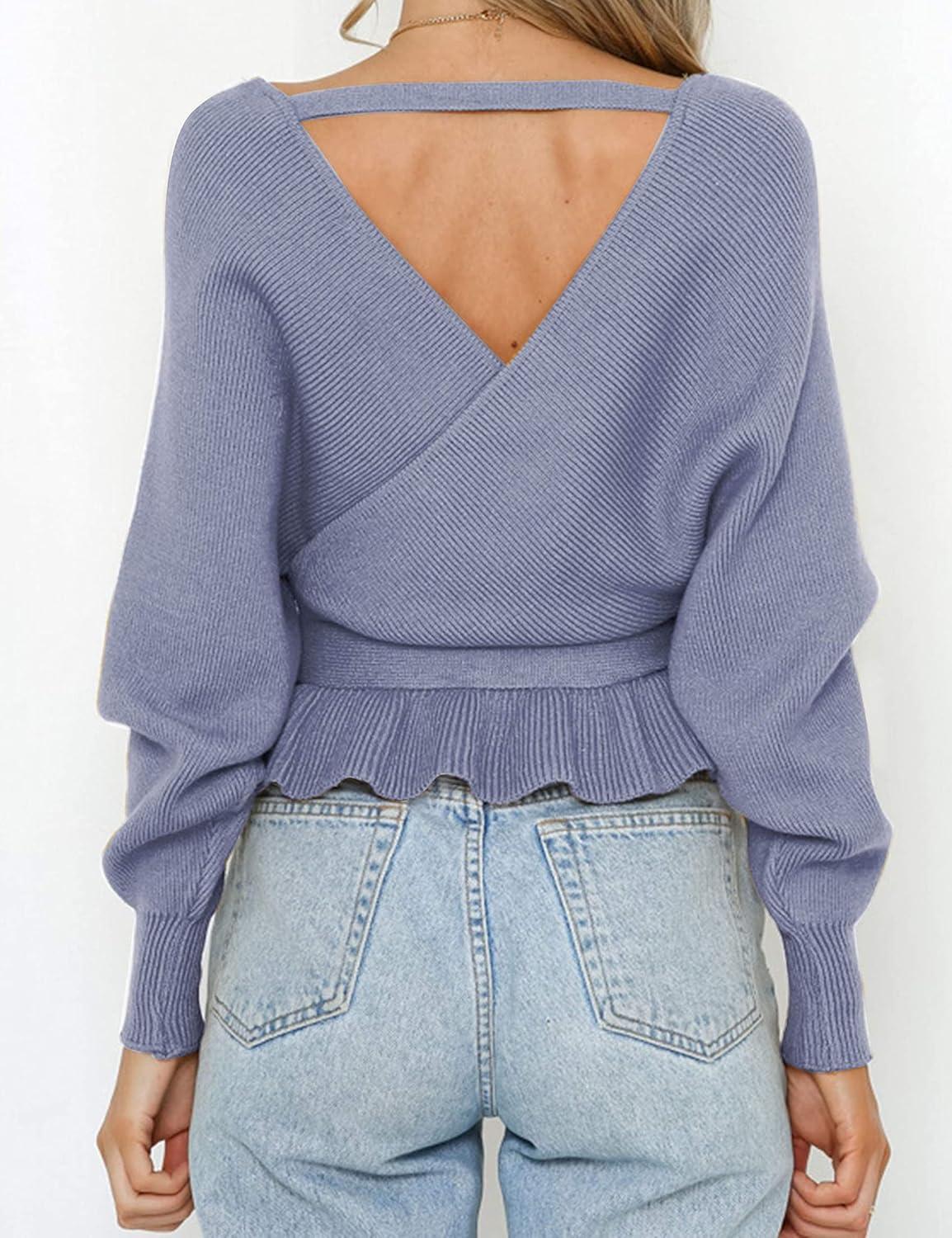 imageZESICA Womens Fall 2026 Wrap V Neck Long Batwing Sleeve Belted Waist Ruffle Knitted Sweater Pullover TopBlue