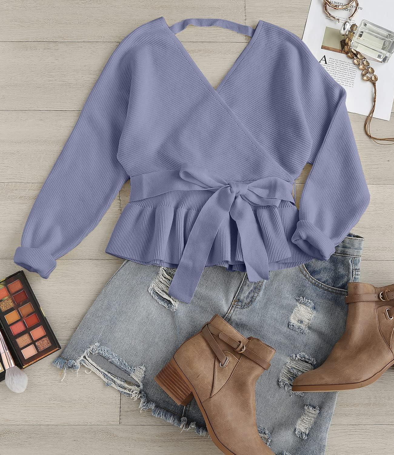 imageZESICA Womens Fall 2026 Wrap V Neck Long Batwing Sleeve Belted Waist Ruffle Knitted Sweater Pullover TopBlue