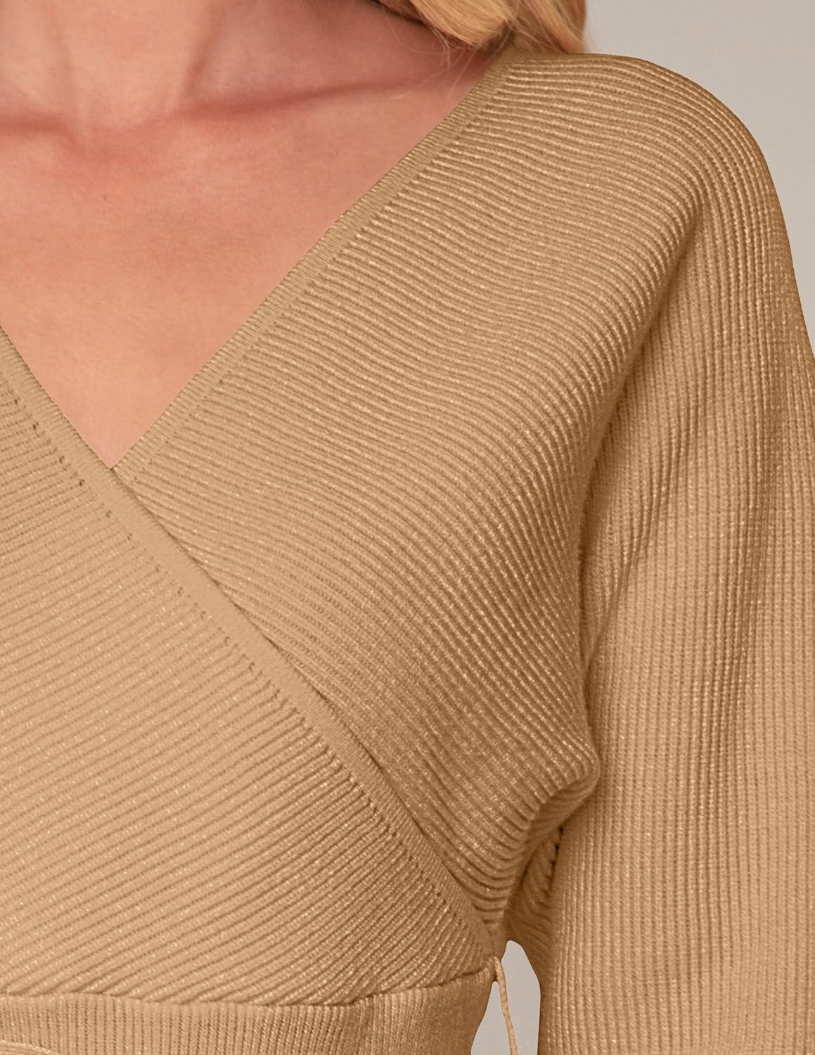imageZESICA Womens Fall 2026 Wrap V Neck Long Batwing Sleeve Belted Waist Ruffle Knitted Sweater Pullover TopCamel