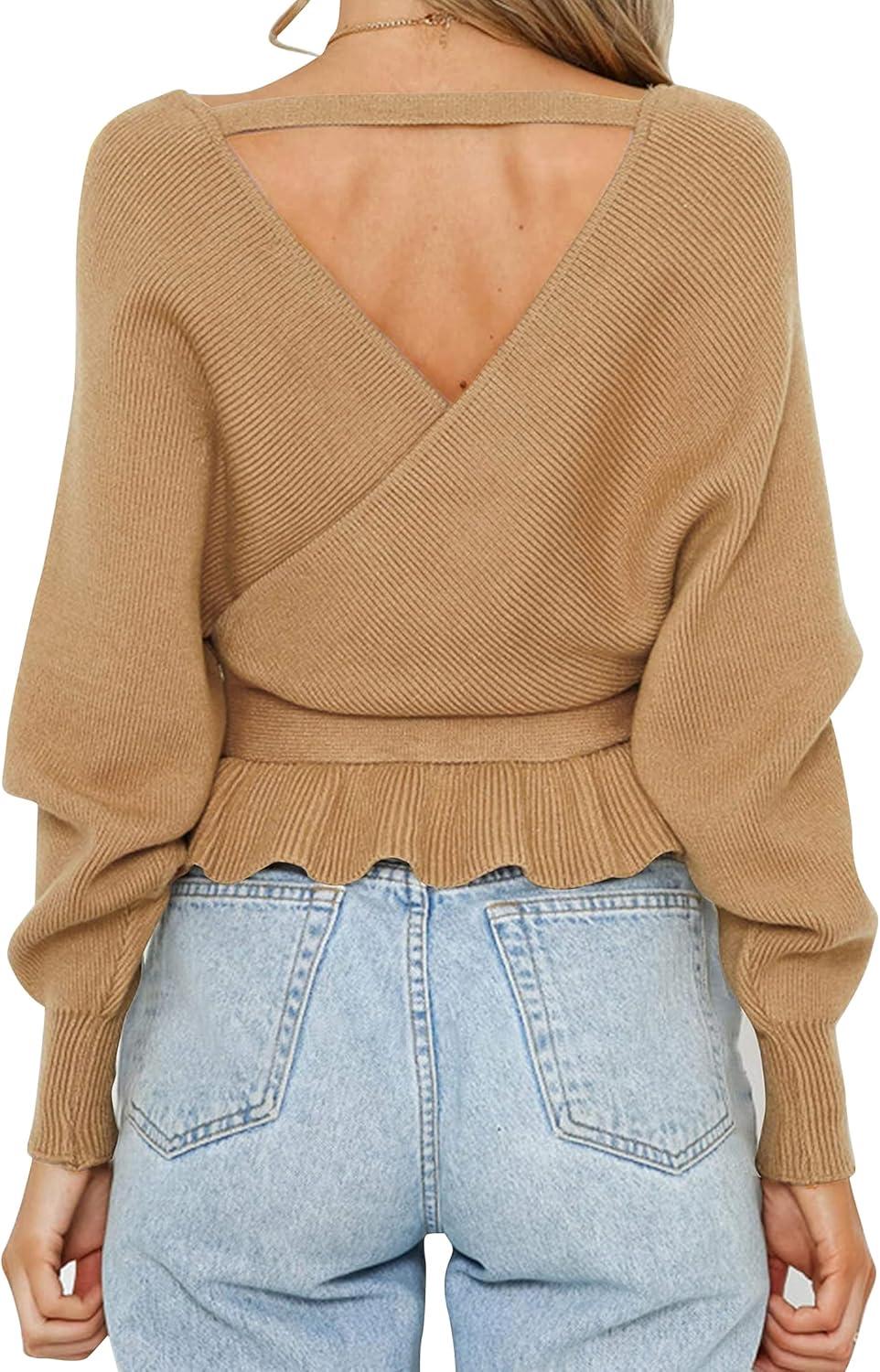 imageZESICA Womens Fall 2026 Wrap V Neck Long Batwing Sleeve Belted Waist Ruffle Knitted Sweater Pullover TopCamel