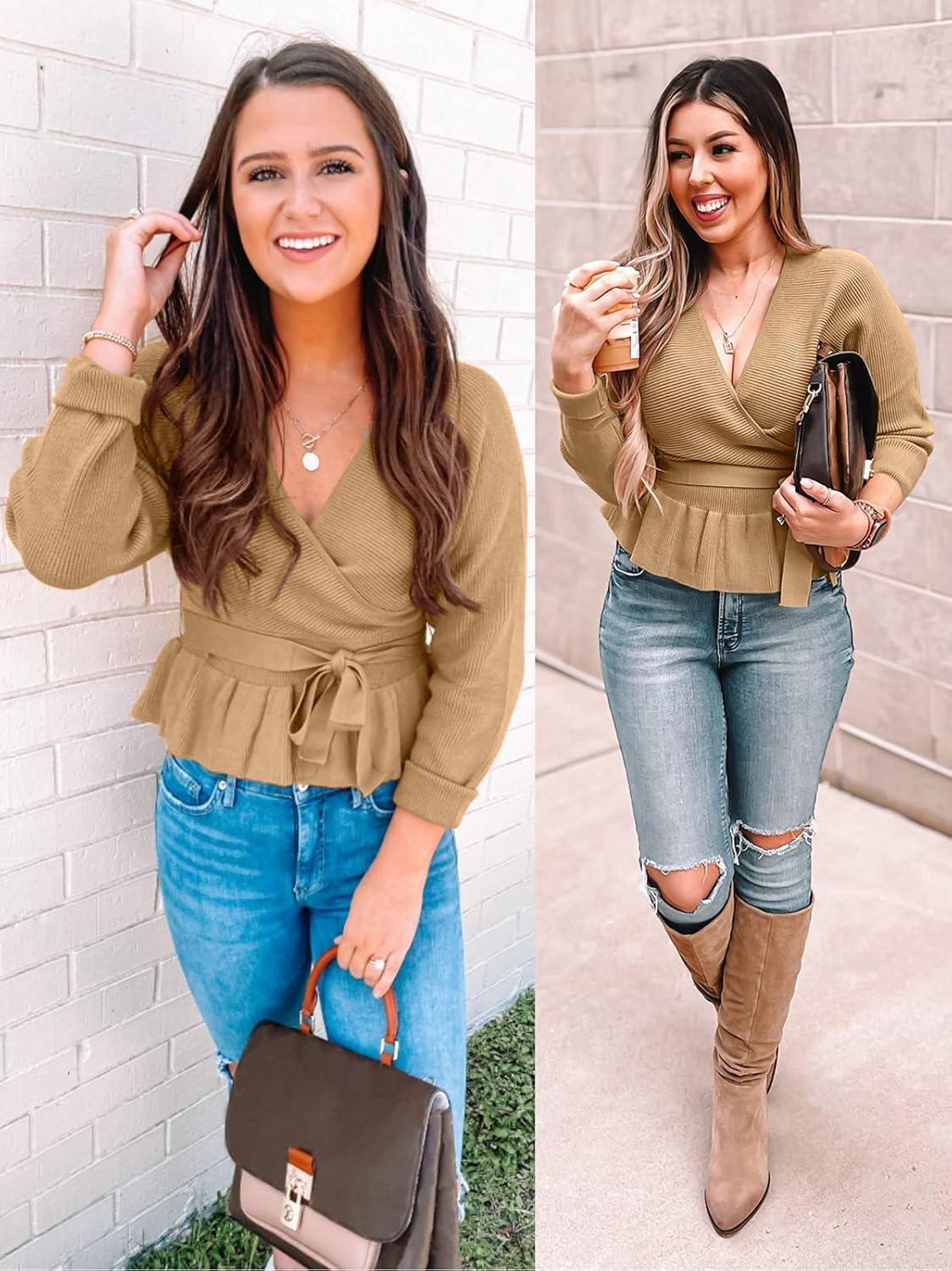 imageZESICA Womens Fall 2026 Wrap V Neck Long Batwing Sleeve Belted Waist Ruffle Knitted Sweater Pullover TopCamel