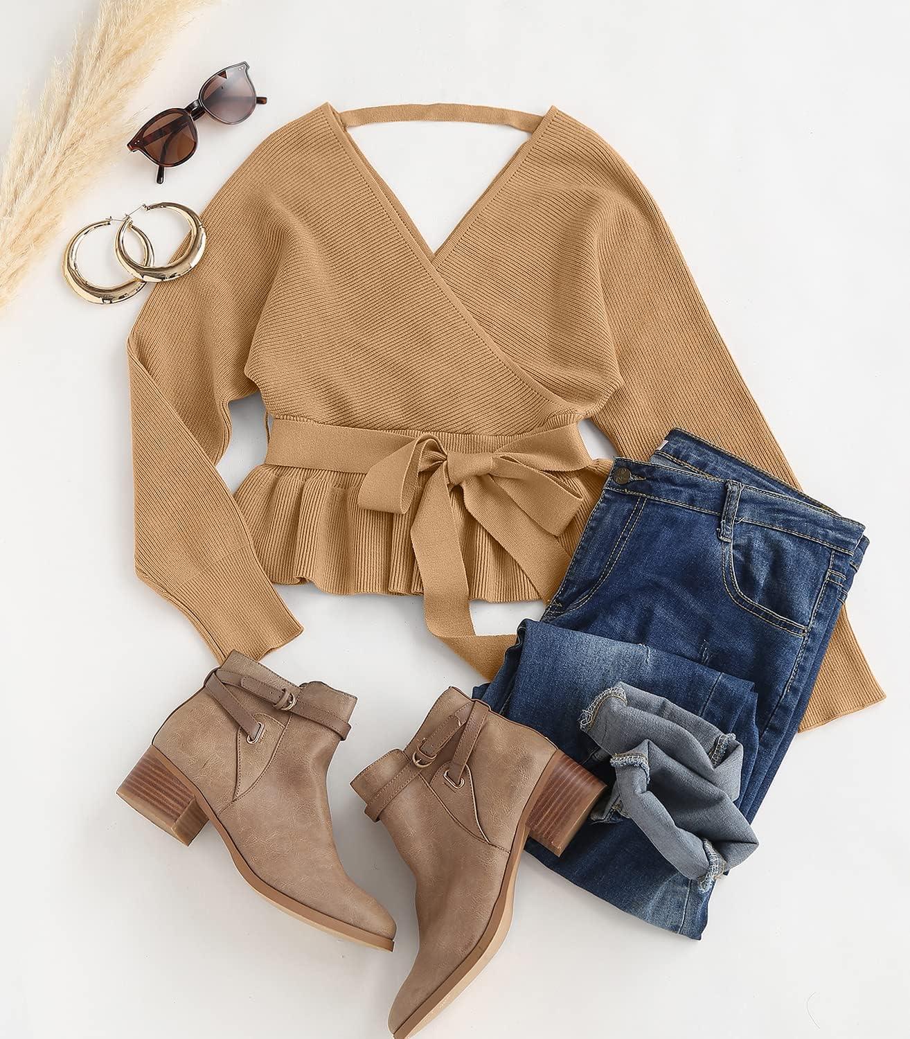 imageZESICA Womens Fall 2026 Wrap V Neck Long Batwing Sleeve Belted Waist Ruffle Knitted Sweater Pullover TopCamel