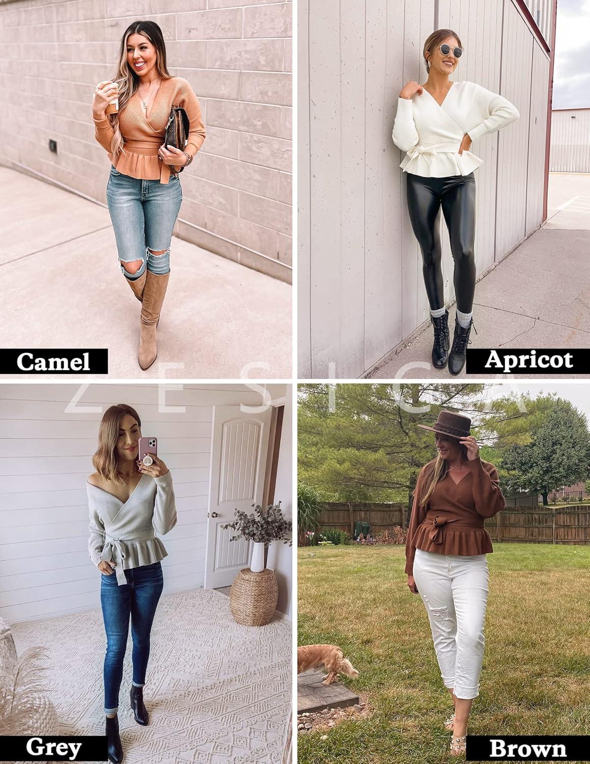 imageZESICA Womens Fall 2026 Wrap V Neck Long Batwing Sleeve Belted Waist Ruffle Knitted Sweater Pullover TopCamel