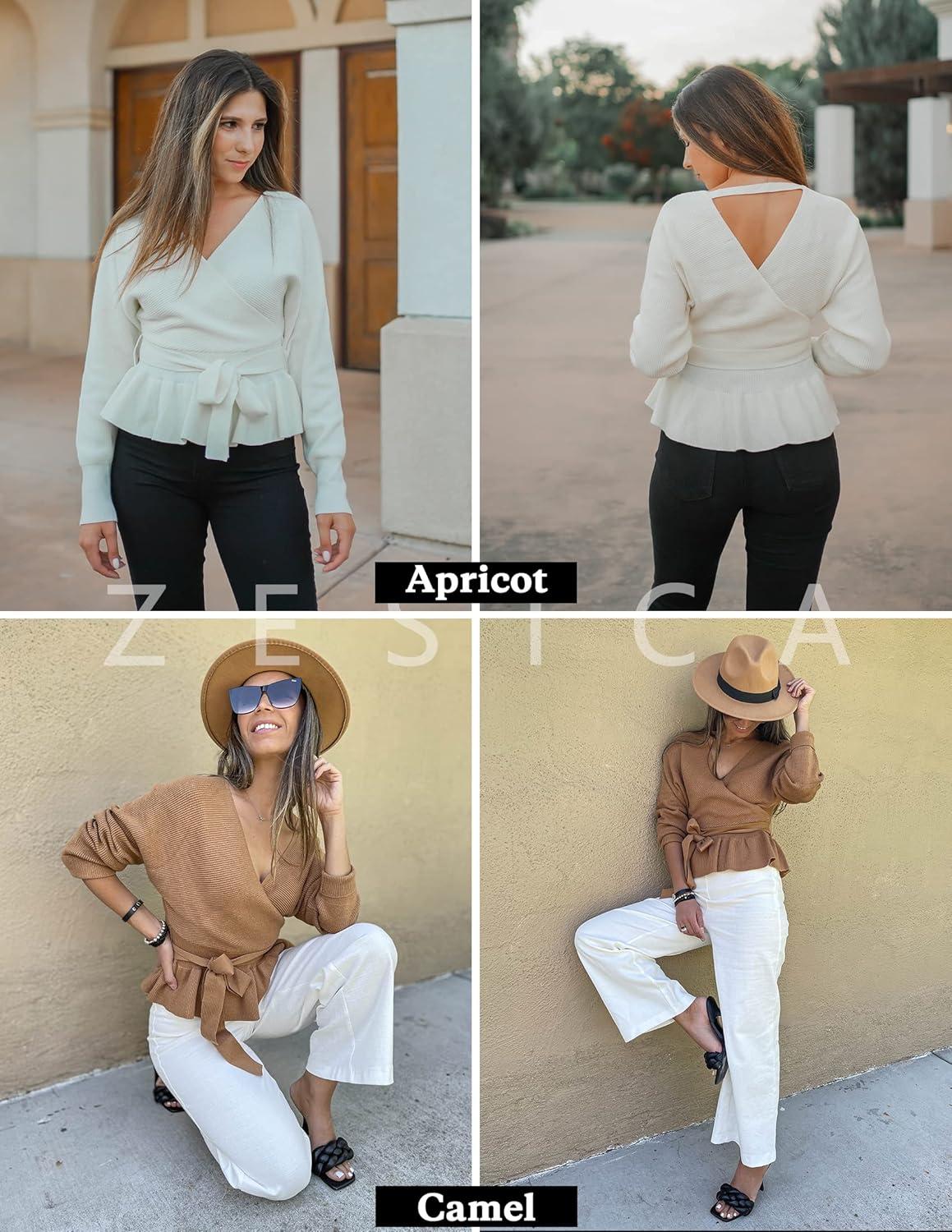 imageZESICA Womens Fall 2026 Wrap V Neck Long Batwing Sleeve Belted Waist Ruffle Knitted Sweater Pullover TopGreen