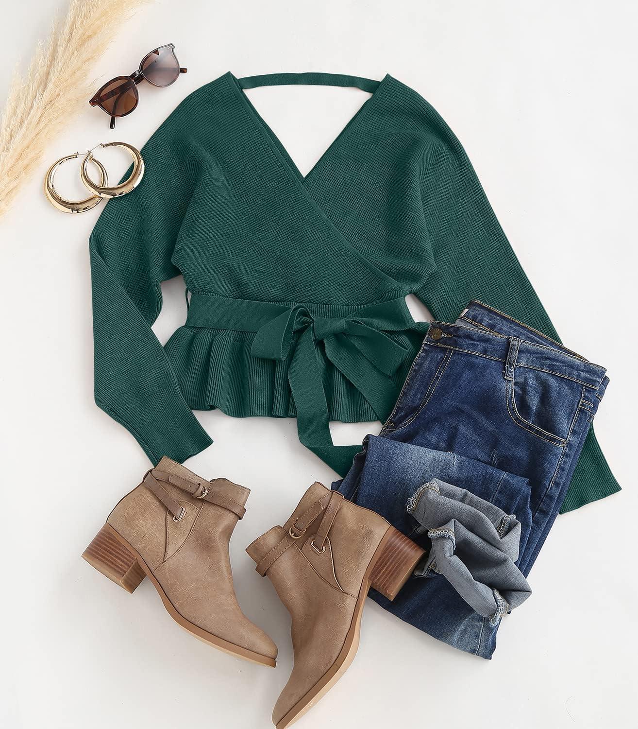 imageZESICA Womens Fall 2026 Wrap V Neck Long Batwing Sleeve Belted Waist Ruffle Knitted Sweater Pullover TopGreen