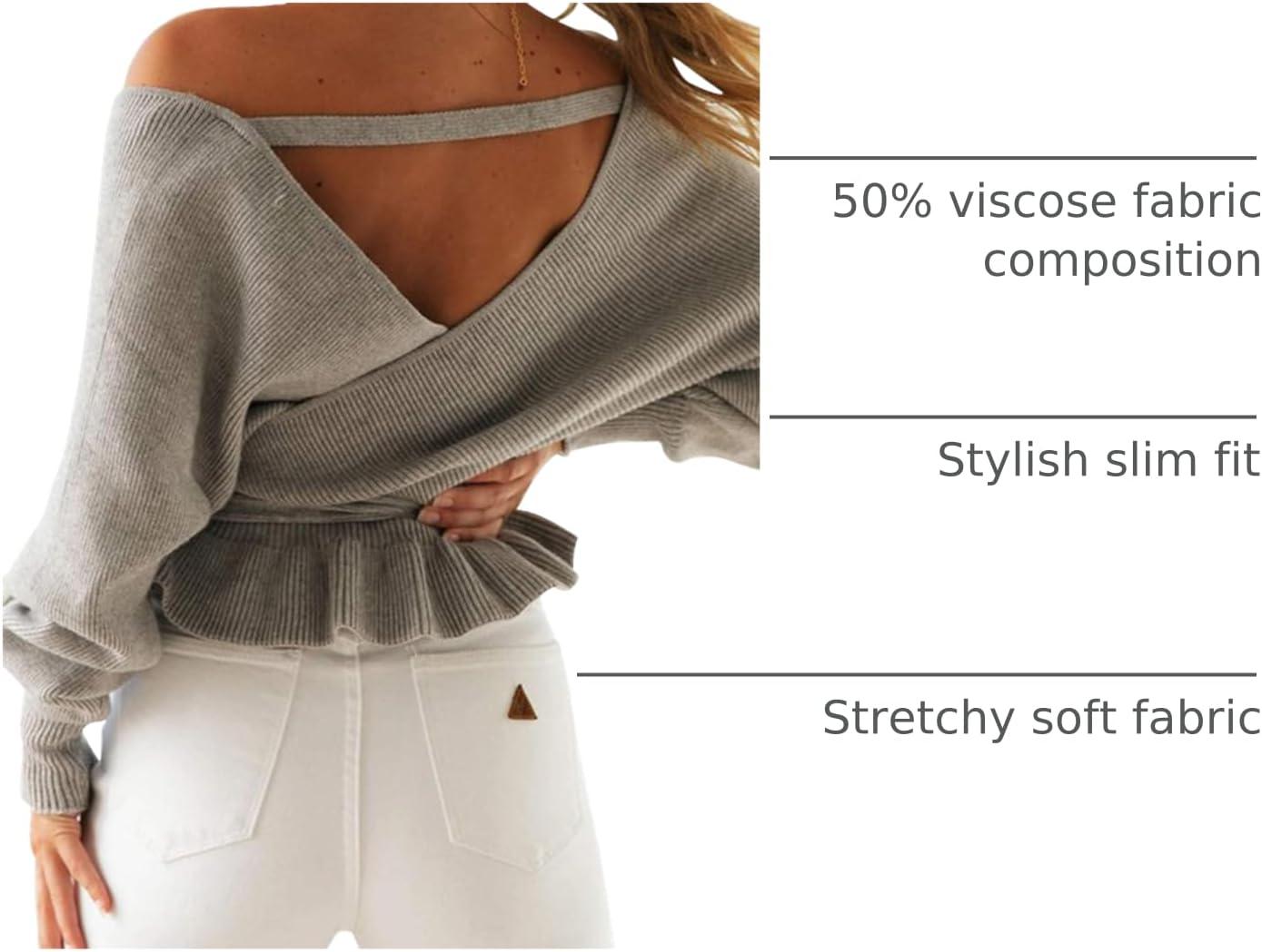 imageZESICA Womens Fall 2026 Wrap V Neck Long Batwing Sleeve Belted Waist Ruffle Knitted Sweater Pullover TopGrey