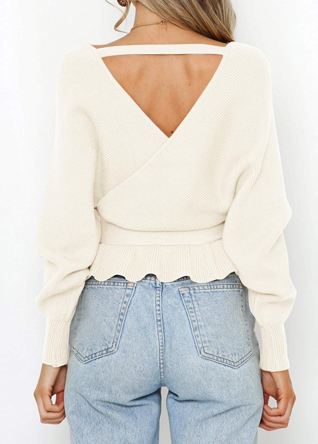 imageZESICA Womens Fall 2026 Wrap V Neck Long Batwing Sleeve Belted Waist Ruffle Knitted Sweater Pullover TopIvory
