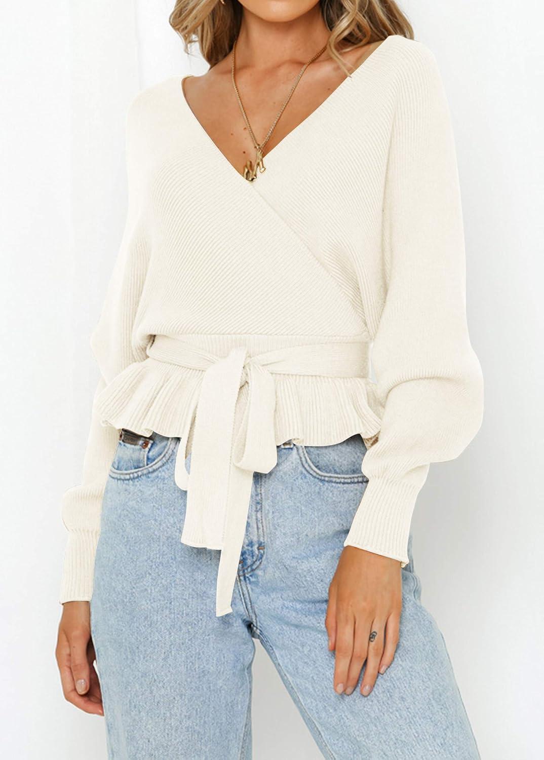 imageZESICA Womens Fall 2026 Wrap V Neck Long Batwing Sleeve Belted Waist Ruffle Knitted Sweater Pullover TopIvory