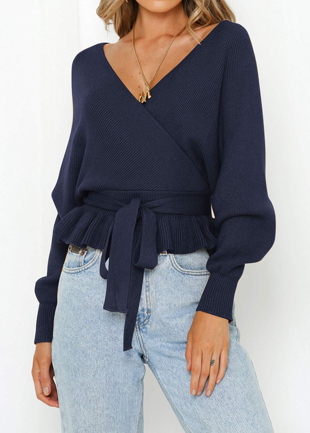 imageZESICA Womens Fall 2026 Wrap V Neck Long Batwing Sleeve Belted Waist Ruffle Knitted Sweater Pullover TopNavy
