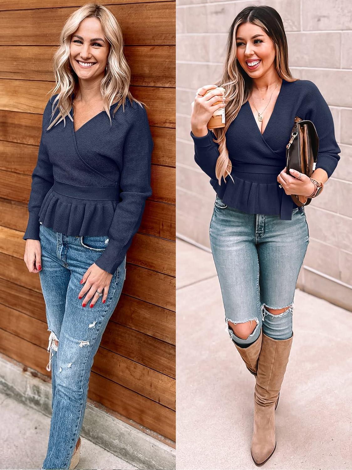 imageZESICA Womens Fall 2026 Wrap V Neck Long Batwing Sleeve Belted Waist Ruffle Knitted Sweater Pullover TopNavy