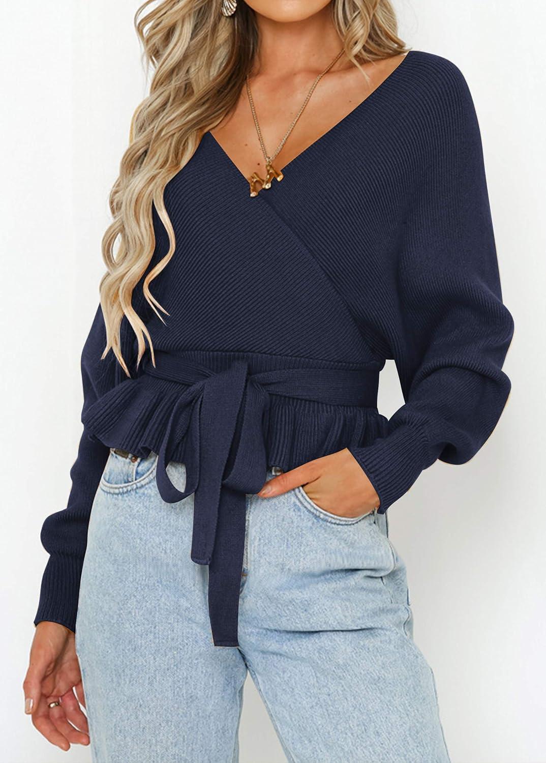 imageZESICA Womens Fall 2026 Wrap V Neck Long Batwing Sleeve Belted Waist Ruffle Knitted Sweater Pullover TopNavy