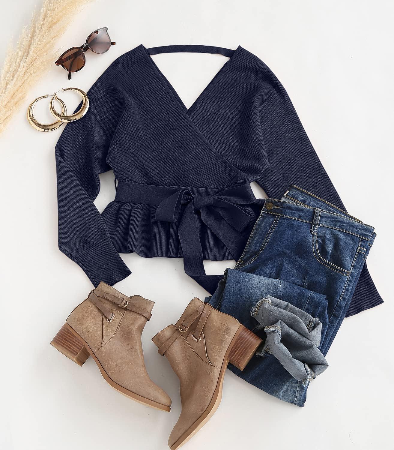 imageZESICA Womens Fall 2026 Wrap V Neck Long Batwing Sleeve Belted Waist Ruffle Knitted Sweater Pullover TopNavy