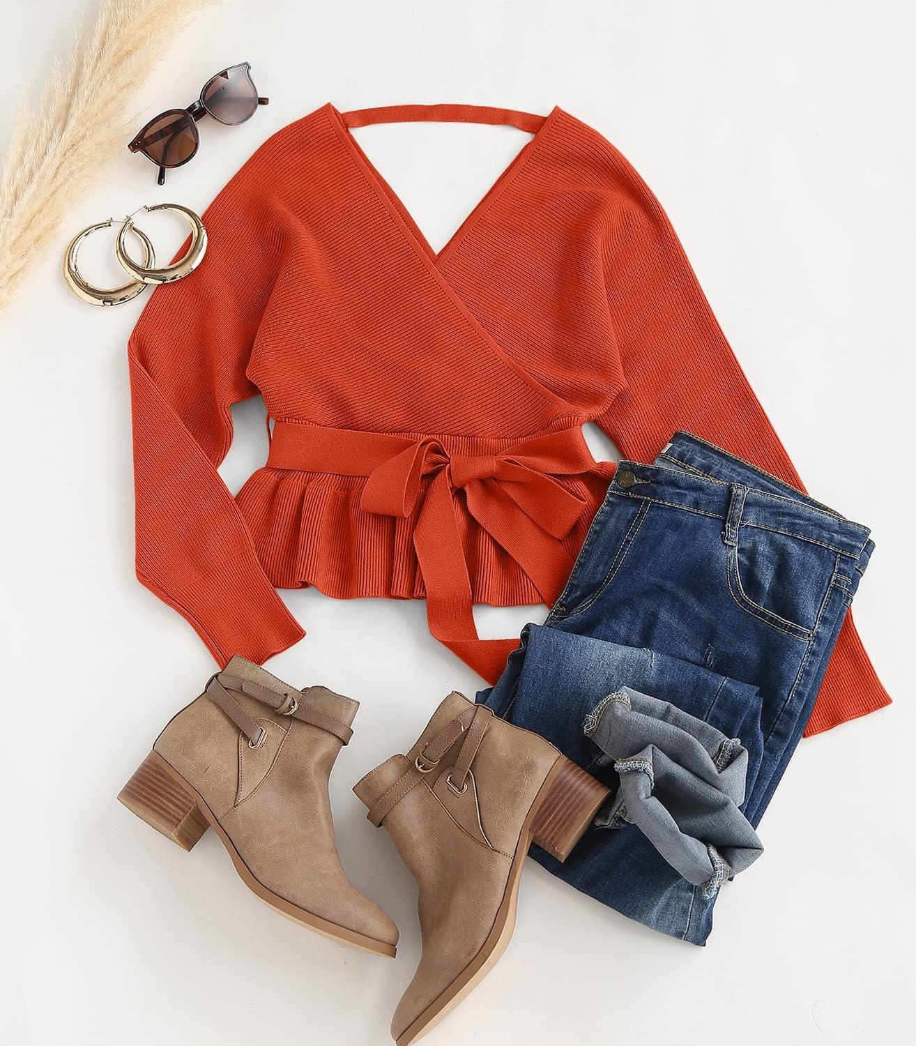 imageZESICA Womens Fall 2026 Wrap V Neck Long Batwing Sleeve Belted Waist Ruffle Knitted Sweater Pullover TopOrange