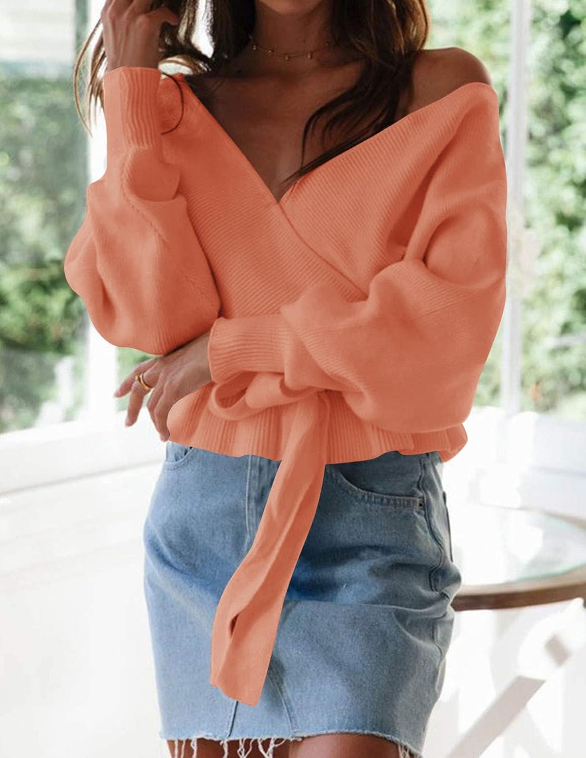 imageZESICA Womens Fall 2026 Wrap V Neck Long Batwing Sleeve Belted Waist Ruffle Knitted Sweater Pullover TopPeach