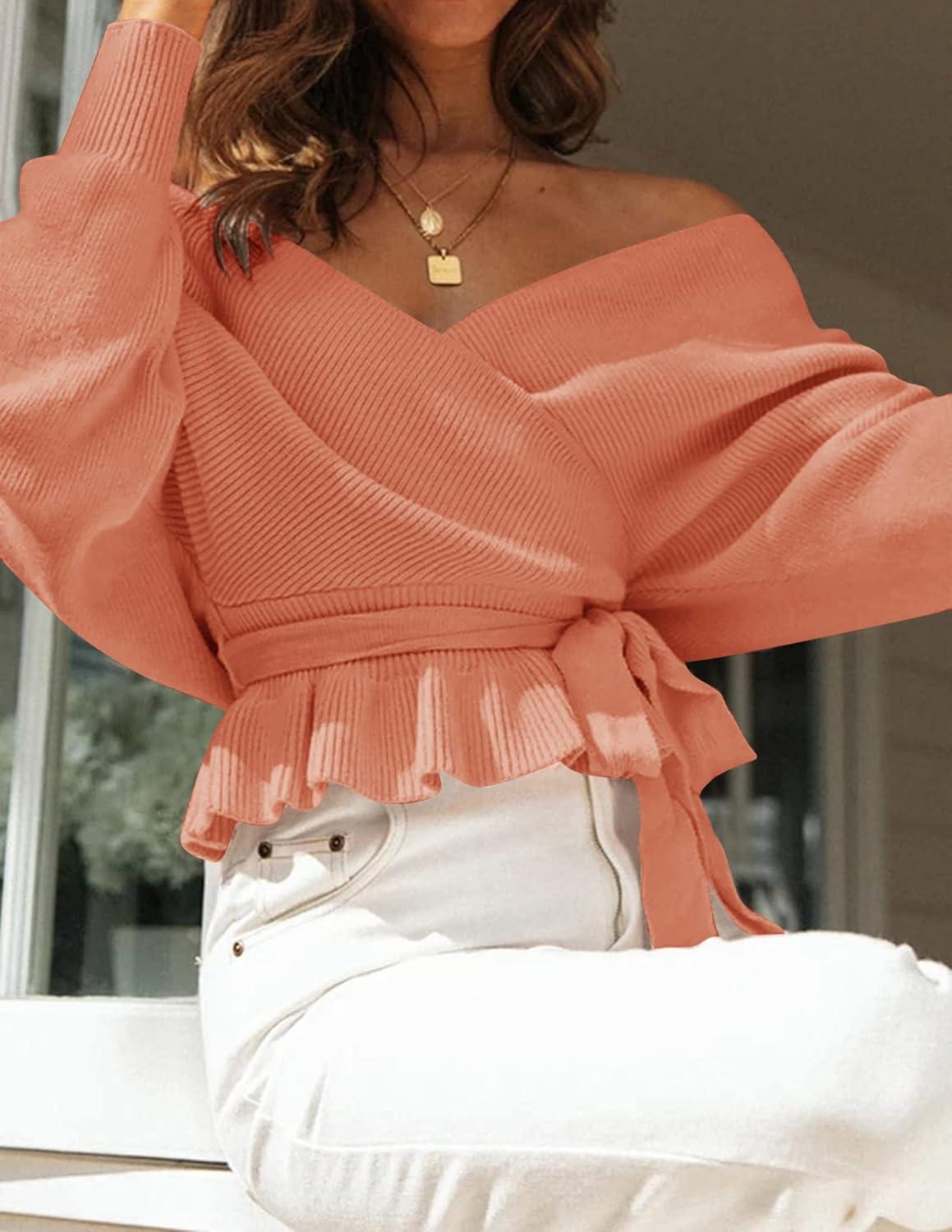imageZESICA Womens Fall 2026 Wrap V Neck Long Batwing Sleeve Belted Waist Ruffle Knitted Sweater Pullover TopPeach