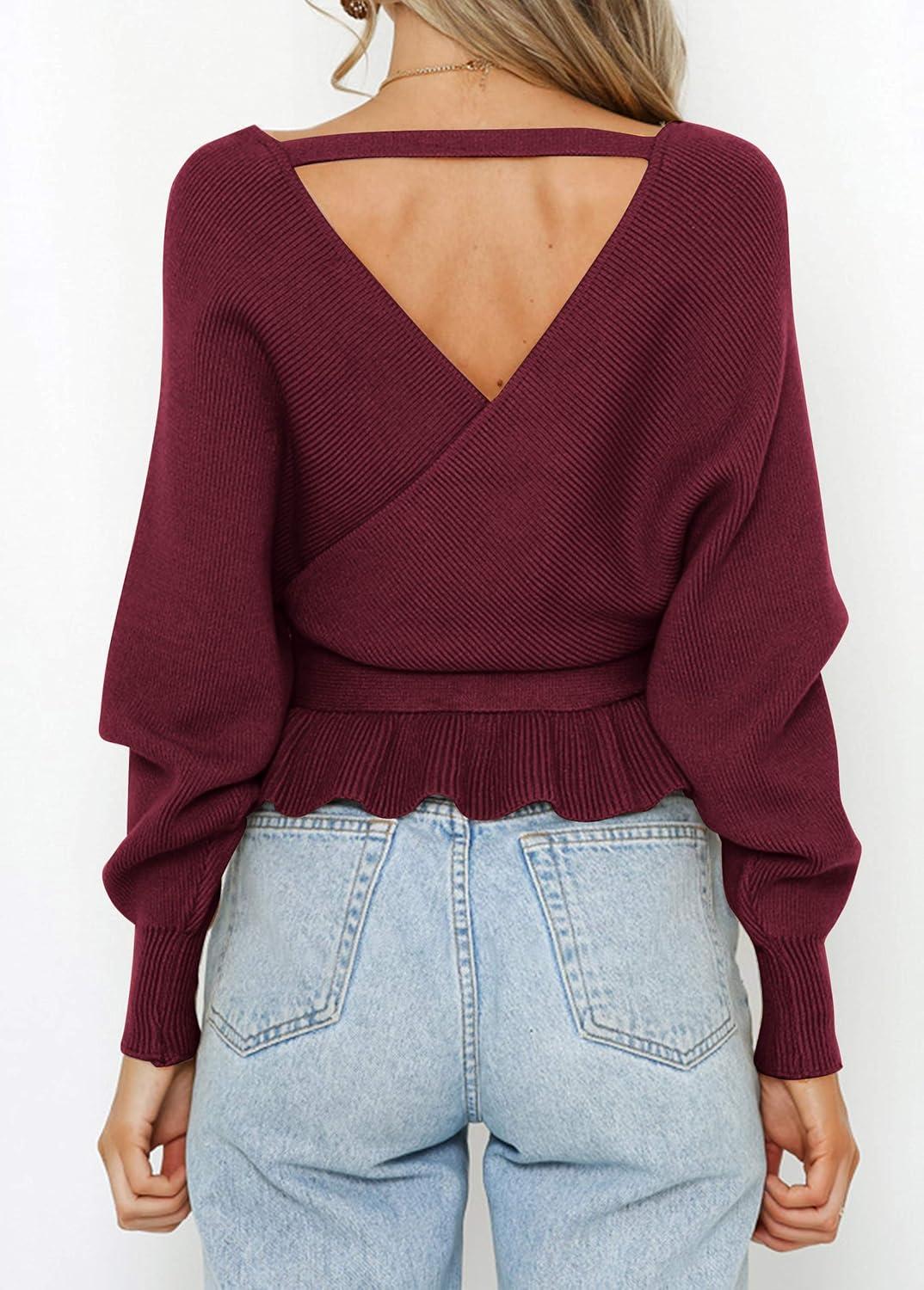 imageZESICA Womens Fall 2026 Wrap V Neck Long Batwing Sleeve Belted Waist Ruffle Knitted Sweater Pullover TopWine