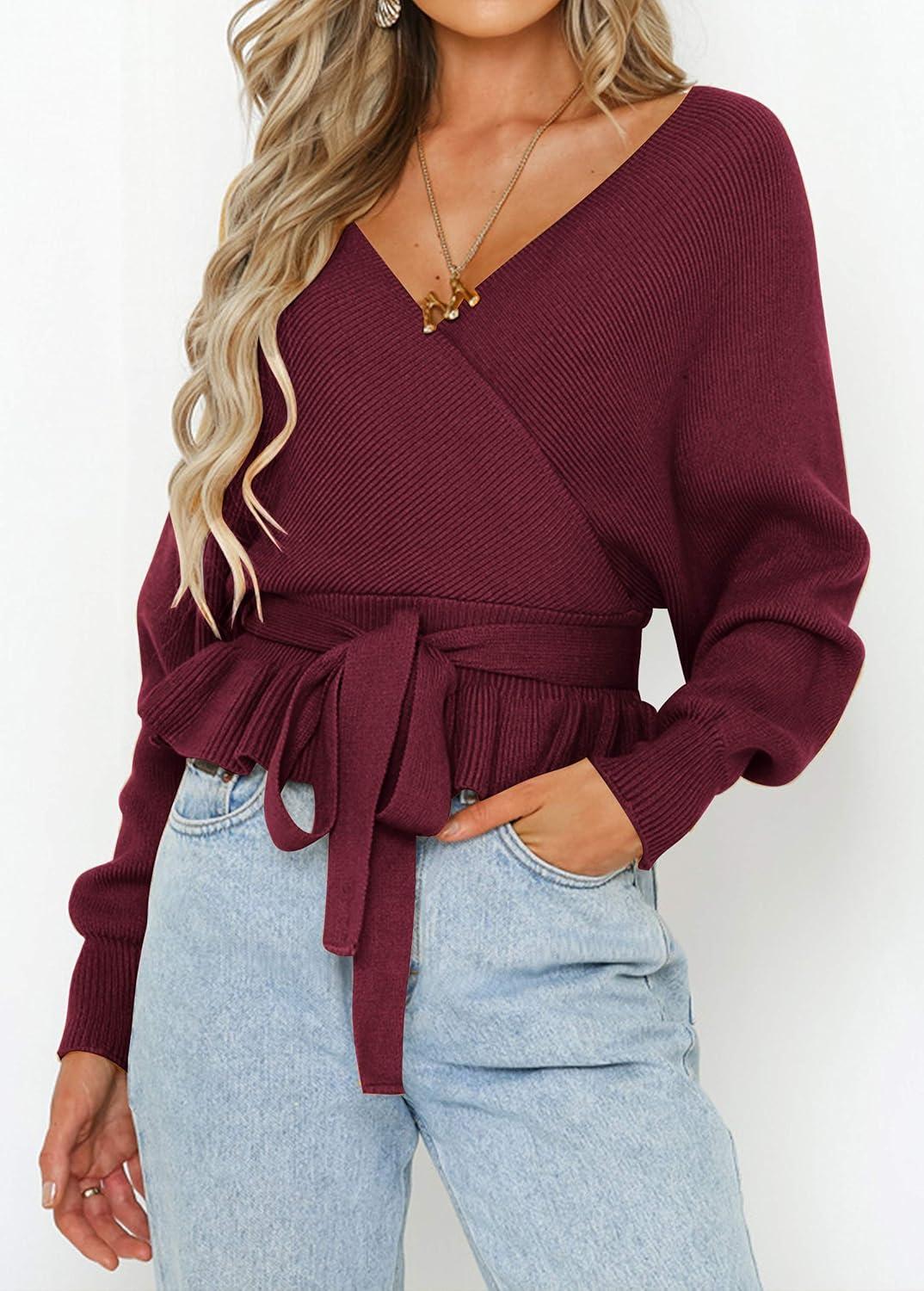 imageZESICA Womens Fall 2026 Wrap V Neck Long Batwing Sleeve Belted Waist Ruffle Knitted Sweater Pullover TopWine