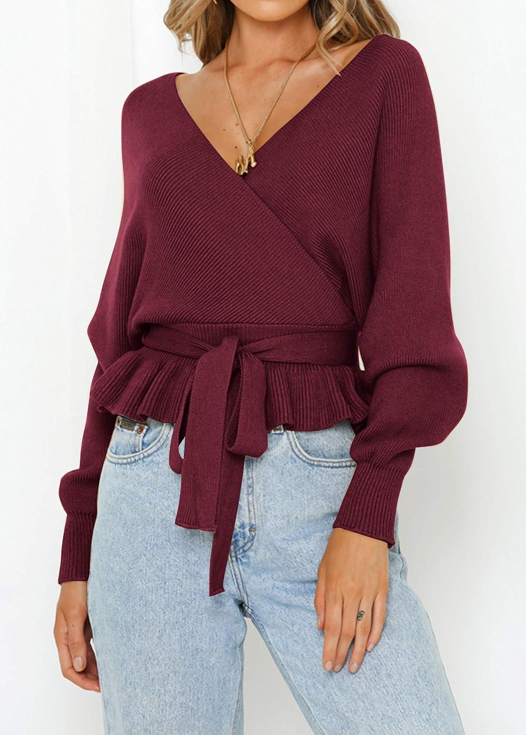 imageZESICA Womens Fall 2026 Wrap V Neck Long Batwing Sleeve Belted Waist Ruffle Knitted Sweater Pullover TopWine