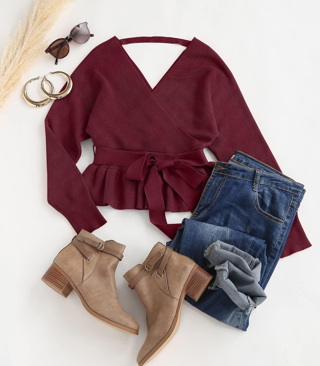 imageZESICA Womens Fall 2026 Wrap V Neck Long Batwing Sleeve Belted Waist Ruffle Knitted Sweater Pullover TopWine