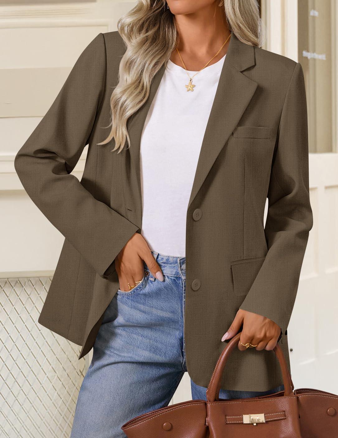 imageZESICA Womens Fall Business Casual Blazers 2026 Long Sleeve Lapel Open Front Button Work Blazer Jackets with PocketsBrown