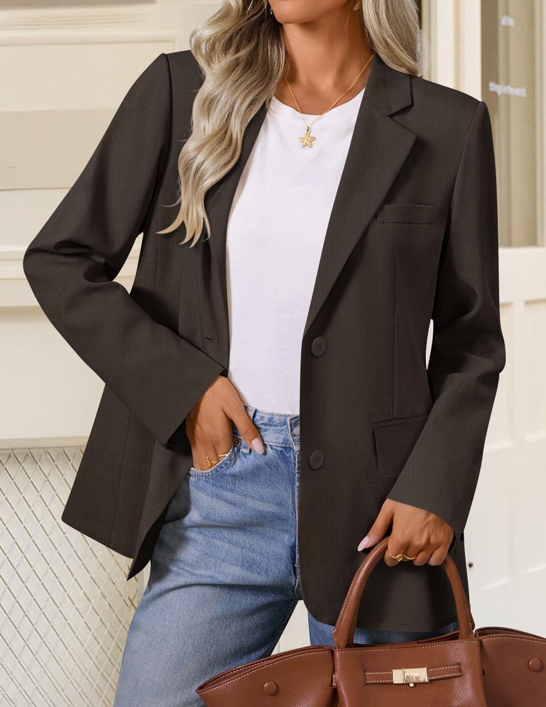 imageZESICA Womens Fall Business Casual Blazers 2026 Long Sleeve Lapel Open Front Button Work Blazer Jackets with PocketsCoffee