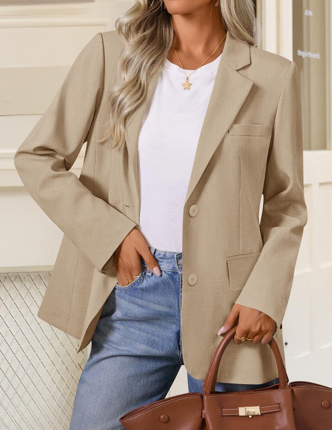 imageZESICA Womens Fall Business Casual Blazers 2026 Long Sleeve Lapel Open Front Button Work Blazer Jackets with PocketsKhaki