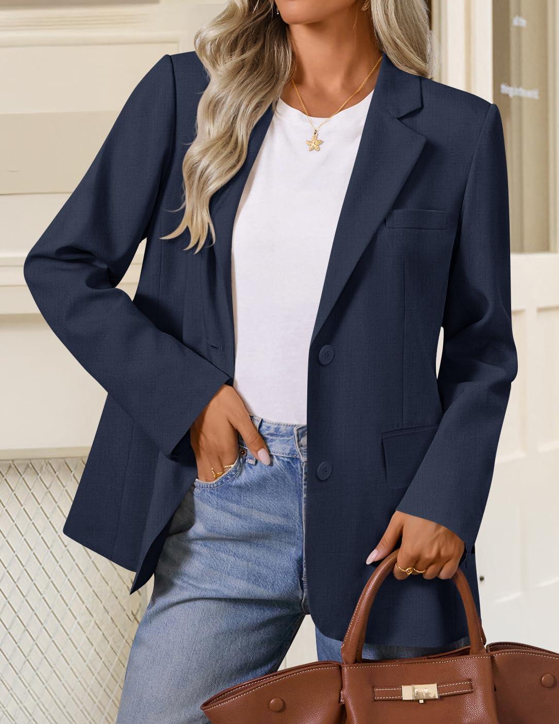 imageZESICA Womens Fall Business Casual Blazers 2026 Long Sleeve Lapel Open Front Button Work Blazer Jackets with PocketsNavy