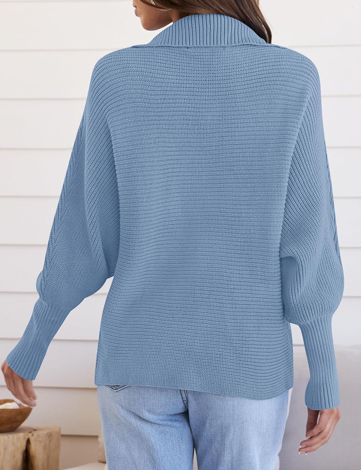 imageZESICA Womens Fall Lapel Collar V Neck Long Sleeve Ribbed Knit Comfy Loose Casual Pullover Sweater Jumper TopLightblue