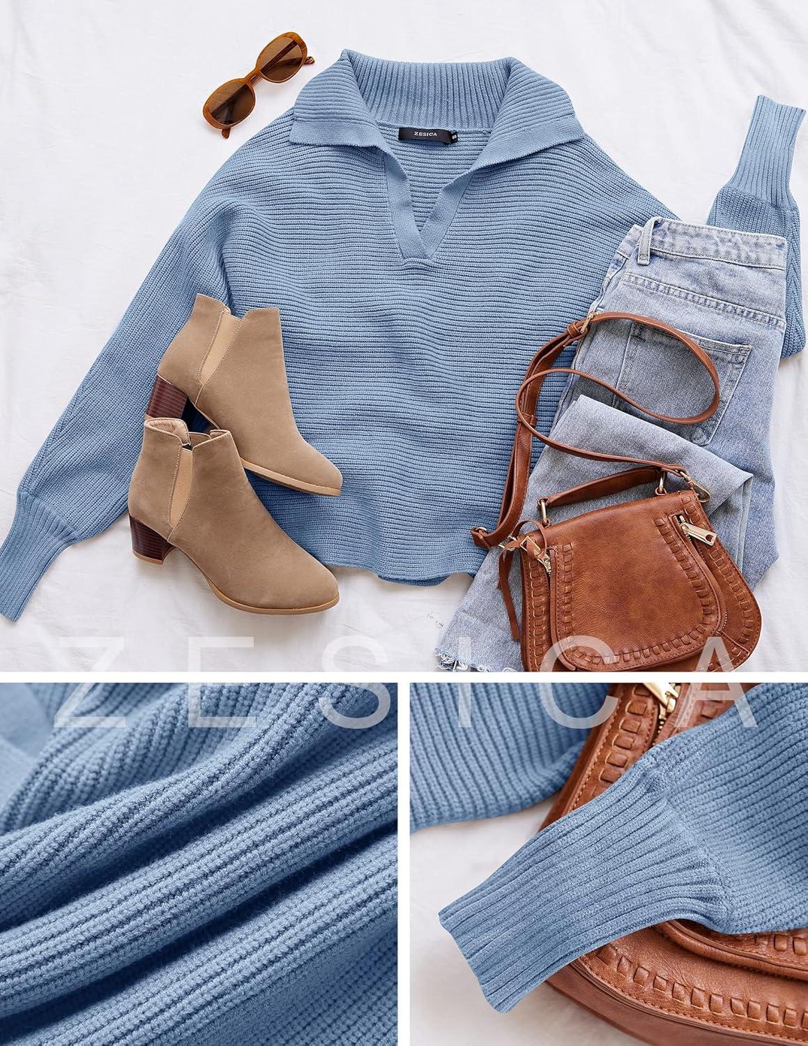 imageZESICA Womens Fall Lapel Collar V Neck Long Sleeve Ribbed Knit Comfy Loose Casual Pullover Sweater Jumper TopLightblue