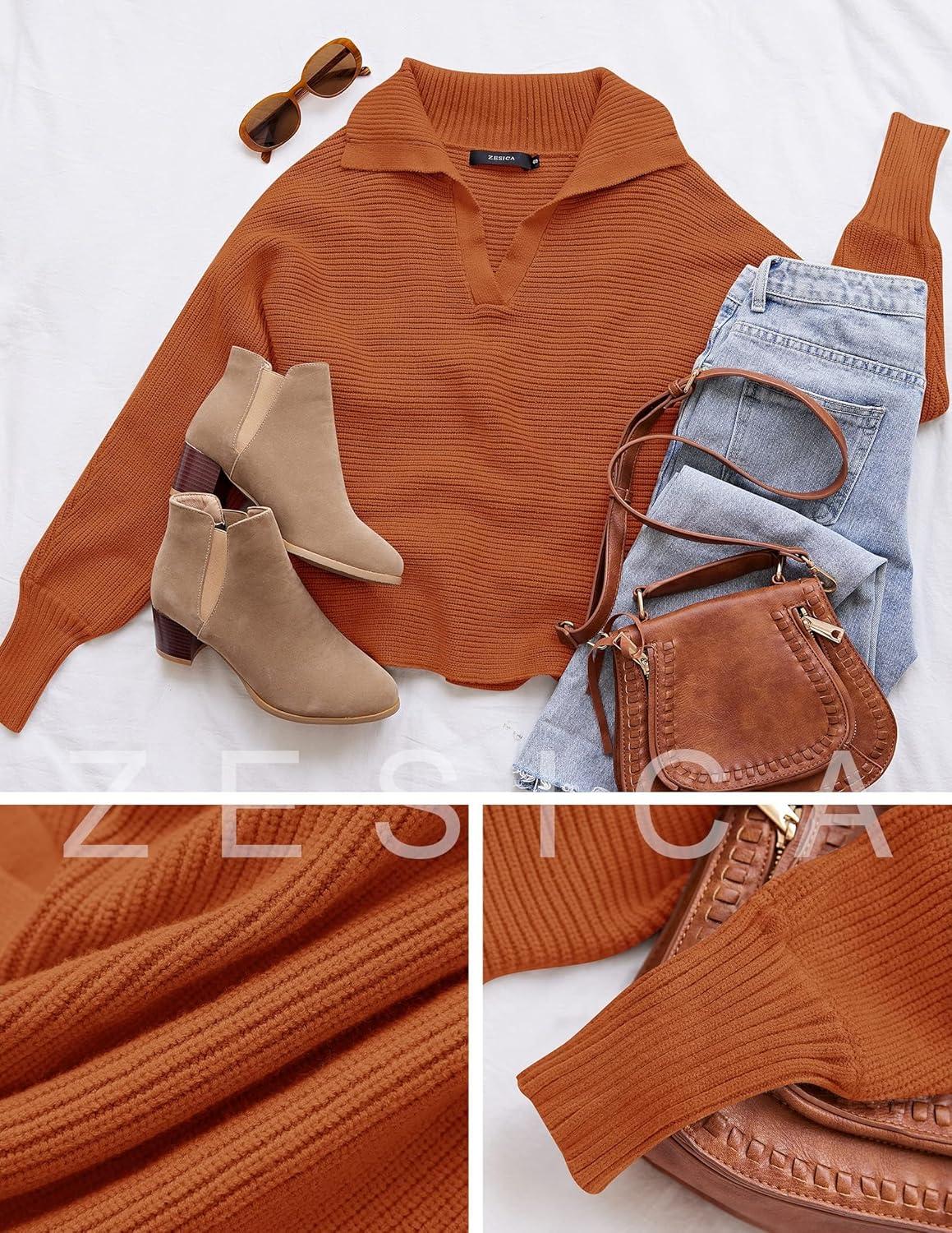 imageZESICA Womens Fall Lapel Collar V Neck Long Sleeve Ribbed Knit Comfy Loose Casual Pullover Sweater Jumper TopMaple