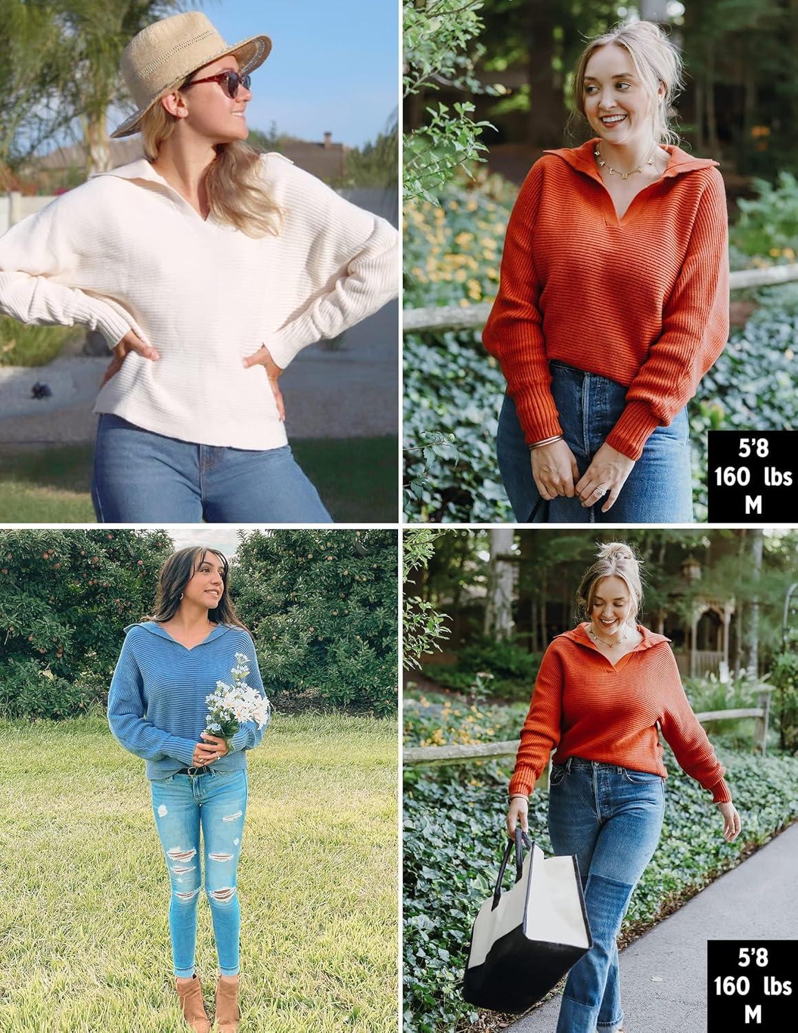 imageZESICA Womens Fall Lapel Collar V Neck Long Sleeve Ribbed Knit Comfy Loose Casual Pullover Sweater Jumper TopMaple