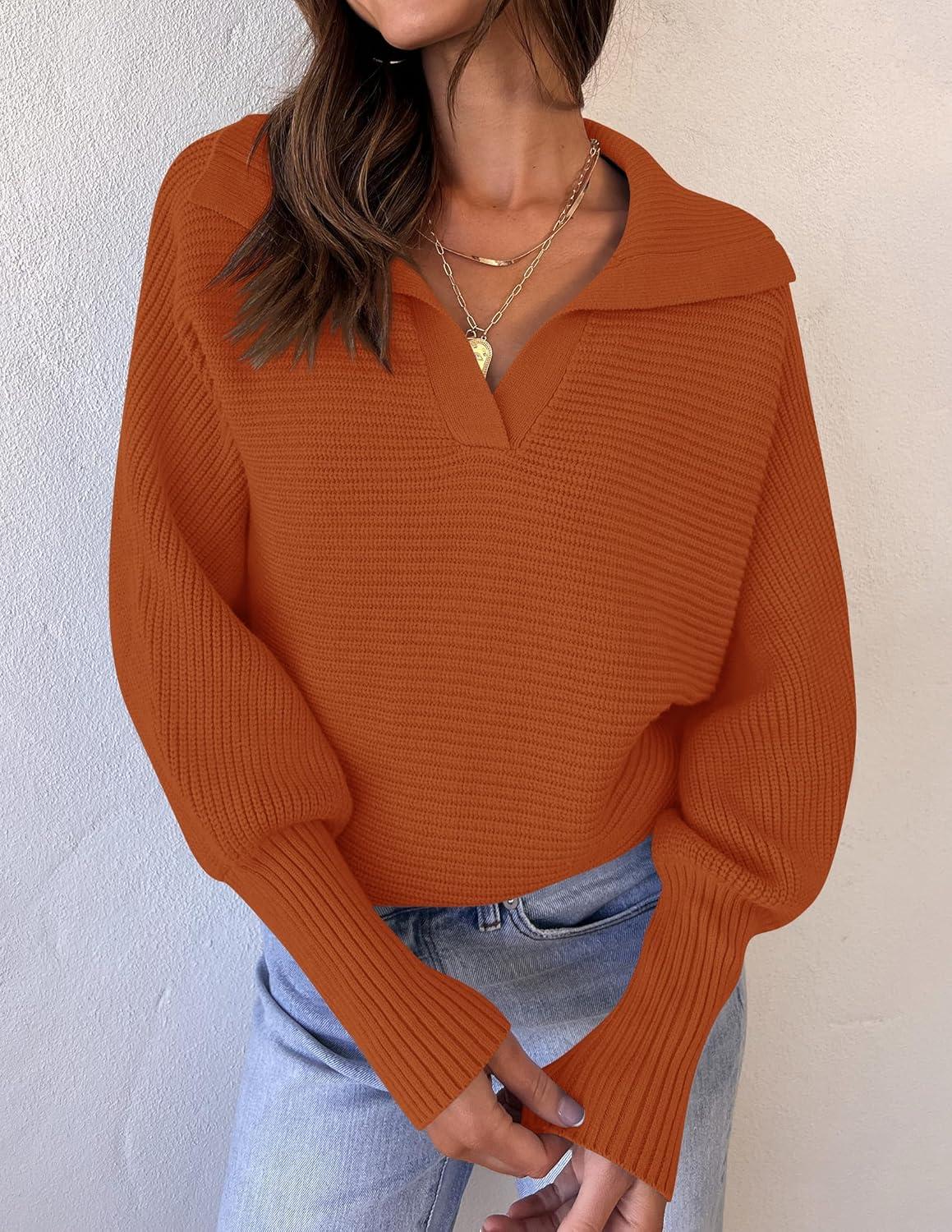 imageZESICA Womens Fall Lapel Collar V Neck Long Sleeve Ribbed Knit Comfy Loose Casual Pullover Sweater Jumper TopMaple