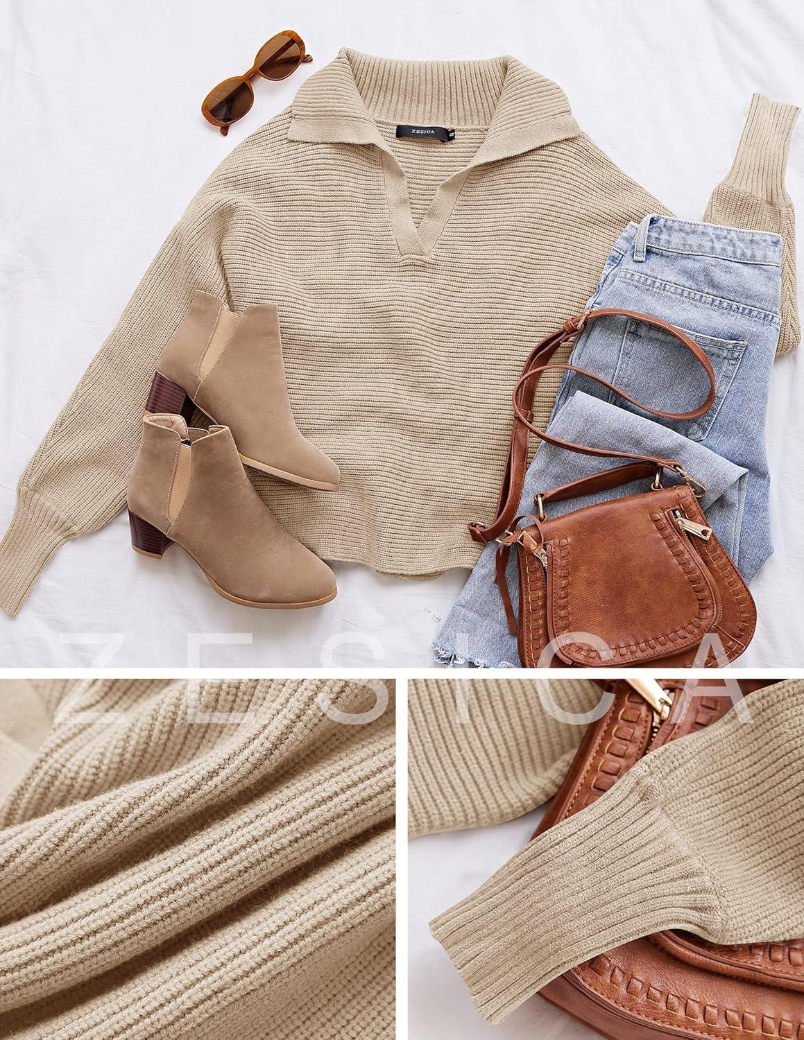 imageZESICA Womens Fall Lapel Collar V Neck Long Sleeve Ribbed Knit Comfy Loose Casual Pullover Sweater Jumper TopOatmeal